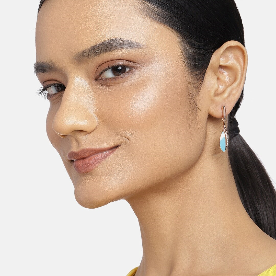 Estele Rose Gold Plated Stylish blue coloured enamel hanging earrings for women