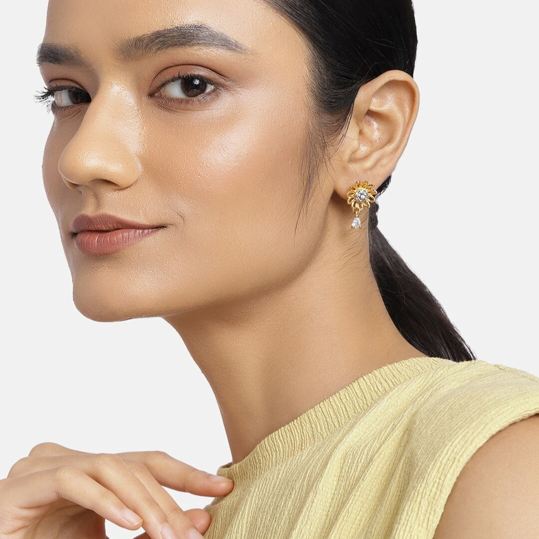 Estele Gold Plated American Diamond Flower Petal Drop Earrings for Women