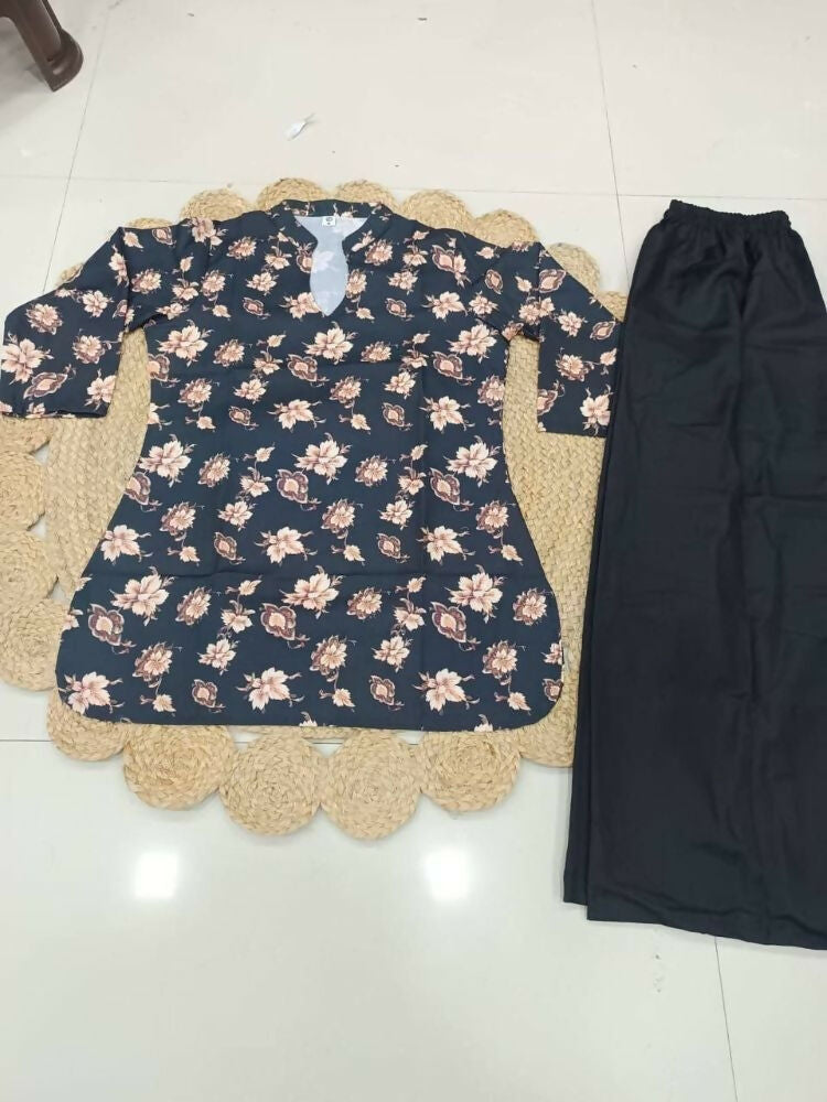Teeya Creation Women Black & Beige Floral Printed Cotton Kurti with Black Wide-Leg Palazzo Set