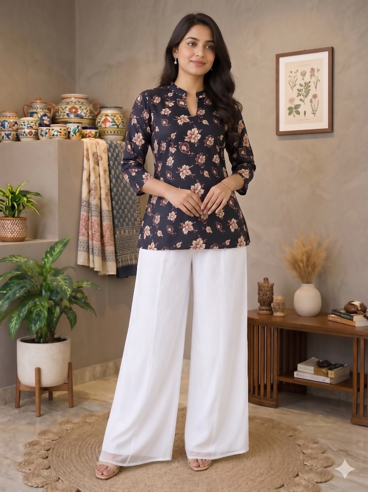 Teeya Creation Women Black Beige Floral Printed Cotton Kurti with White Wide-Leg Palazzo Set