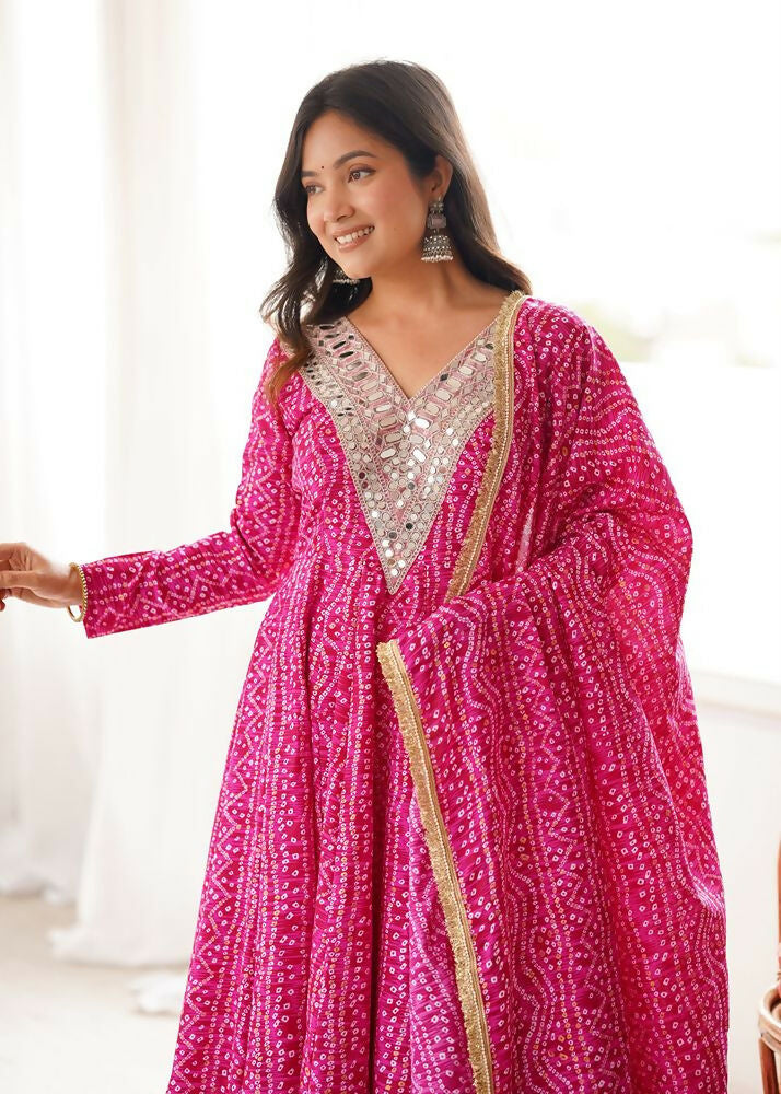 Teeya Creation New Trendy Traditional Pink Bandhani Anarkali Set with Embellished V-Neck