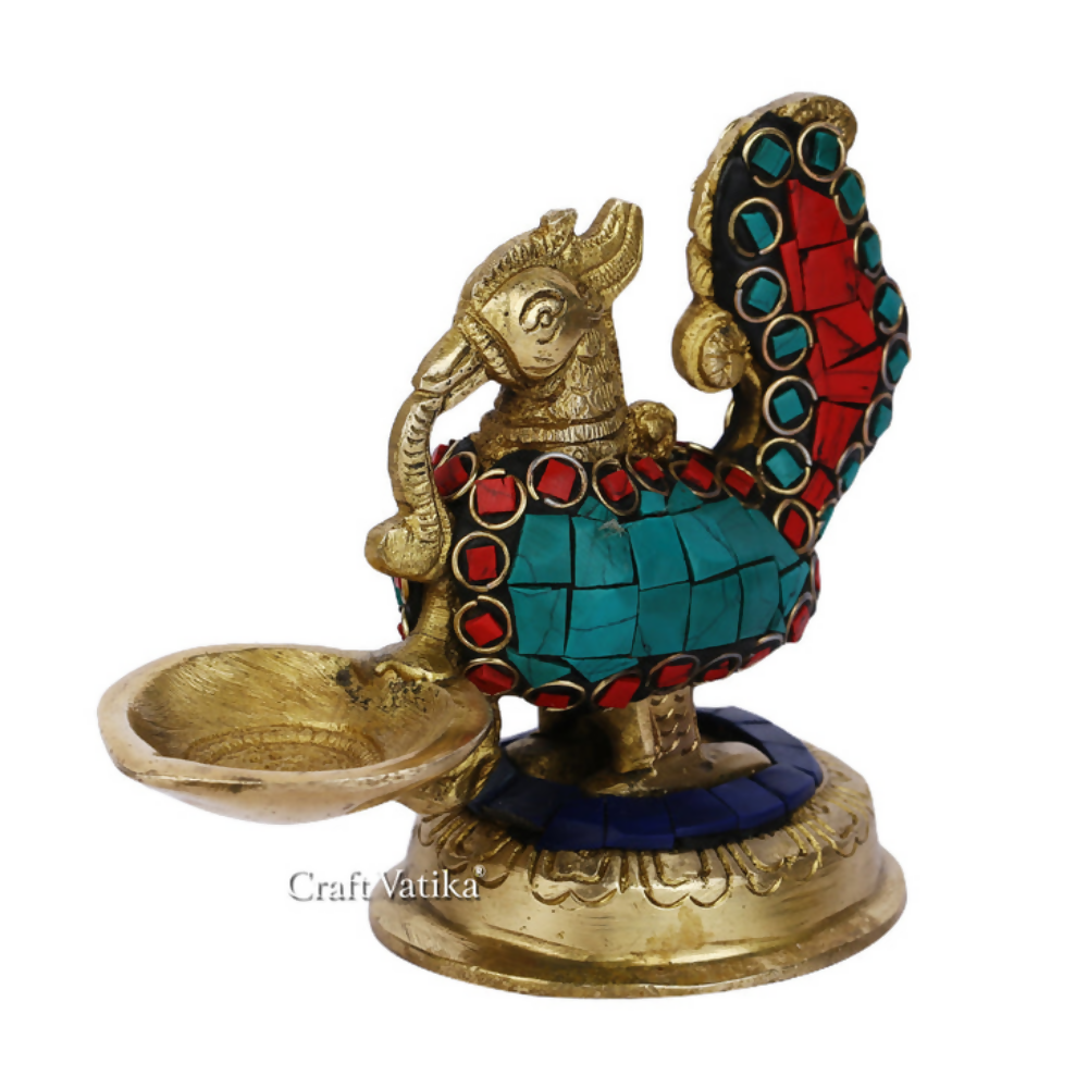 CraftVatika Brass Pair Of Peacock Diya Stand Showpiece