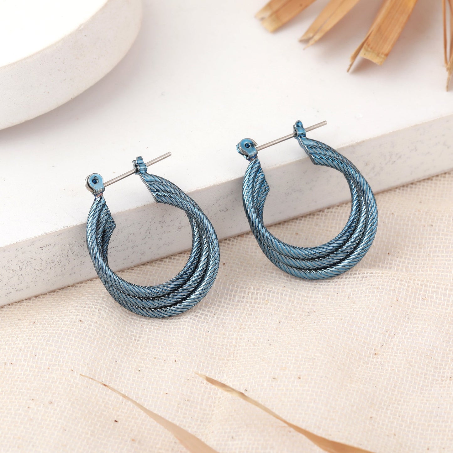 Estele Fashion Earrings for Women and Girls Cobalt Blue Plated Stylish Triple Layered Medium Metallic Hoop Earrings Versatile Chic for Women & Girls