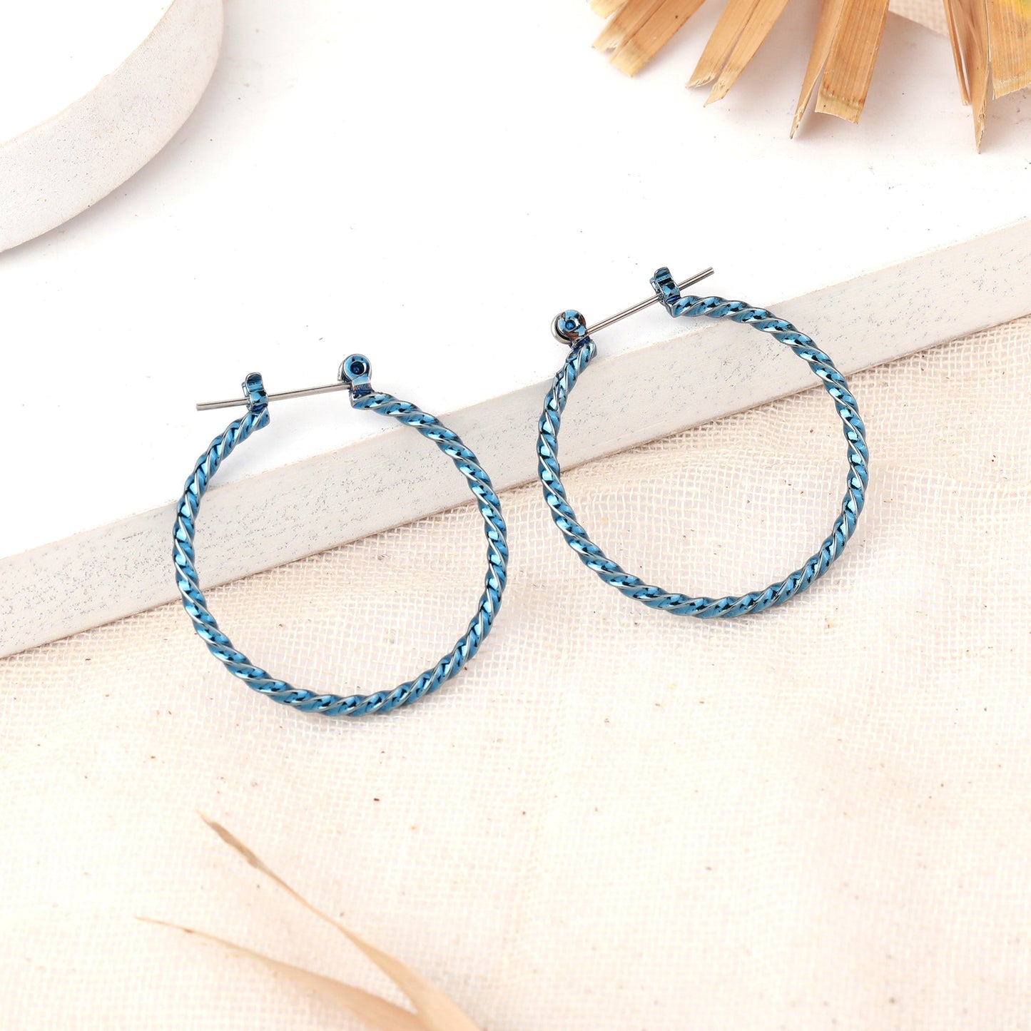 Estele Fashion Earrings for Women and Girls Cobalt Blue Plated Twisted Rope Medium Size Metallic Hoop Earrings Versatile Chic for Women & Girls