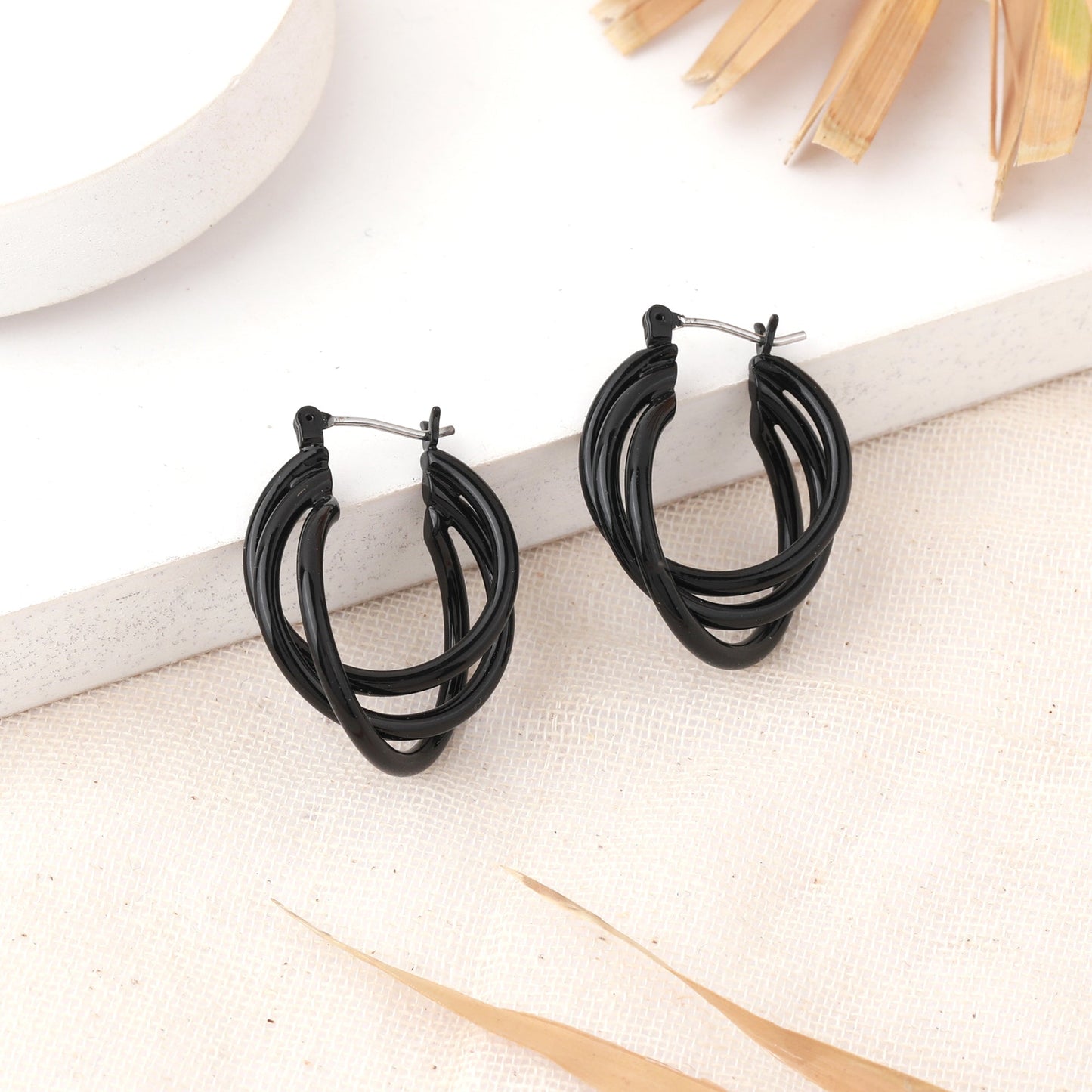 Estele Fashion Earrings for Women and Girls Gothic Black Plated Twisted Layered Trio Circular Metallic Hoop Earrings Party/Office Wear for Girls and Women