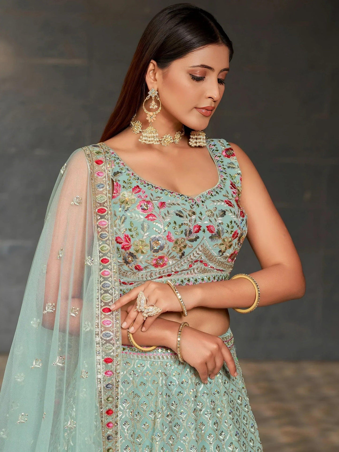 Tulsi Art Awesome Sky-Blue Sequins Georgette Engagement Wear Lehenga Choli