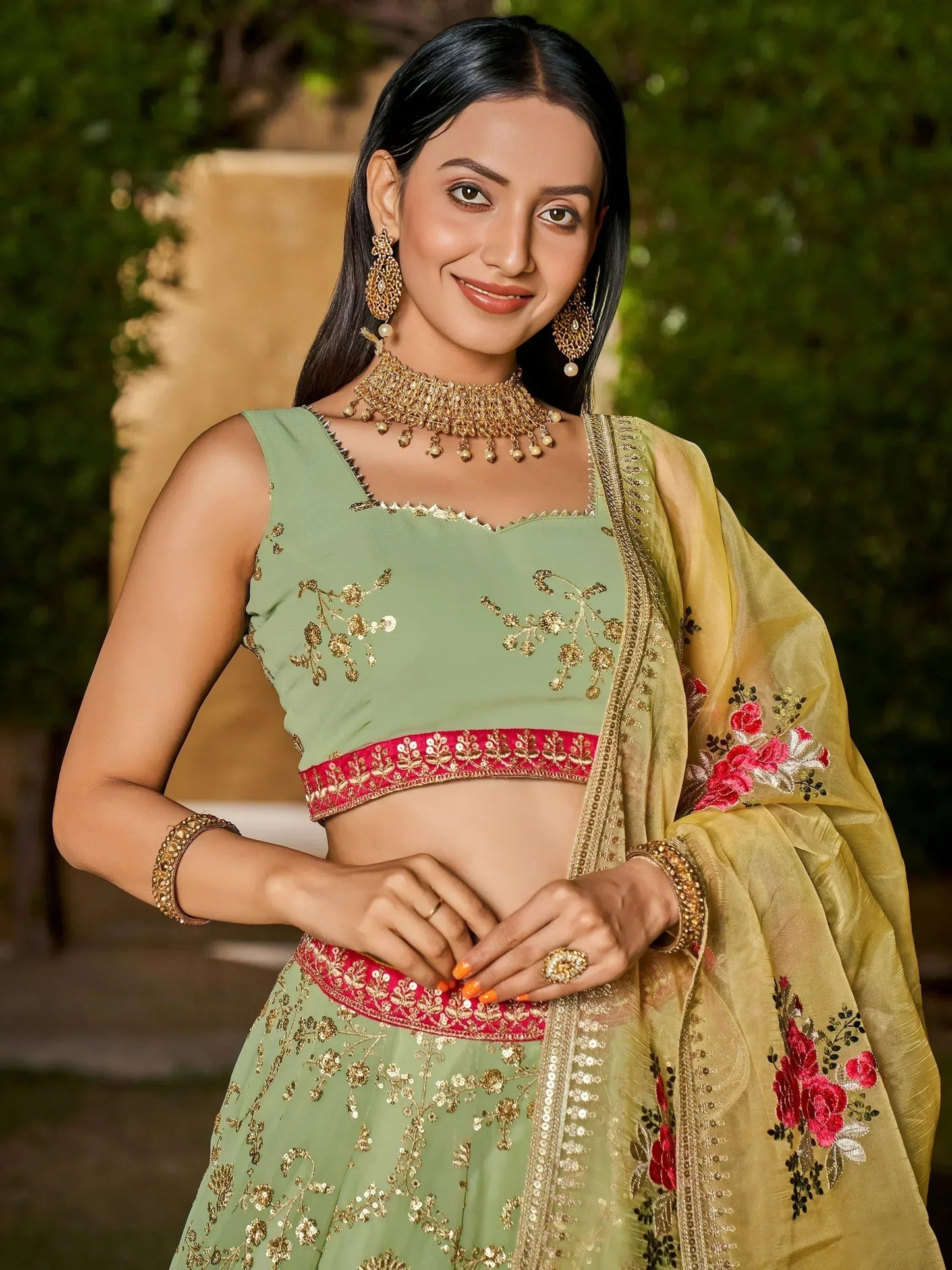 Tulsi Art Incredible Pista Green Sequins Georgette Lehenga Choli With Dupatta