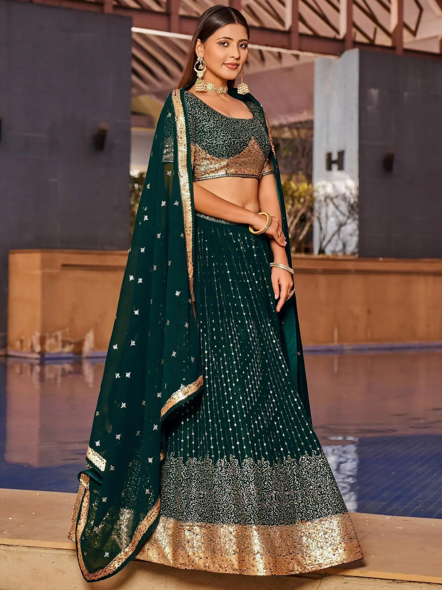 Tulsi Art Stunning Green Sequins Georgette Reception Wear Lehenga Choli