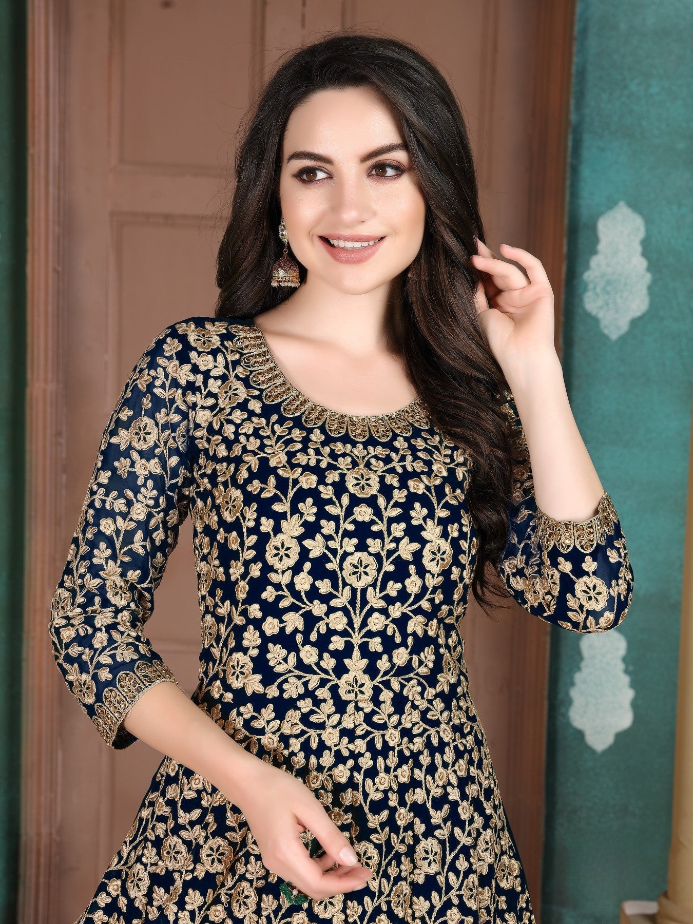 Anaita Navy Blue Embroidered Faux Georgette Anarkali Suit