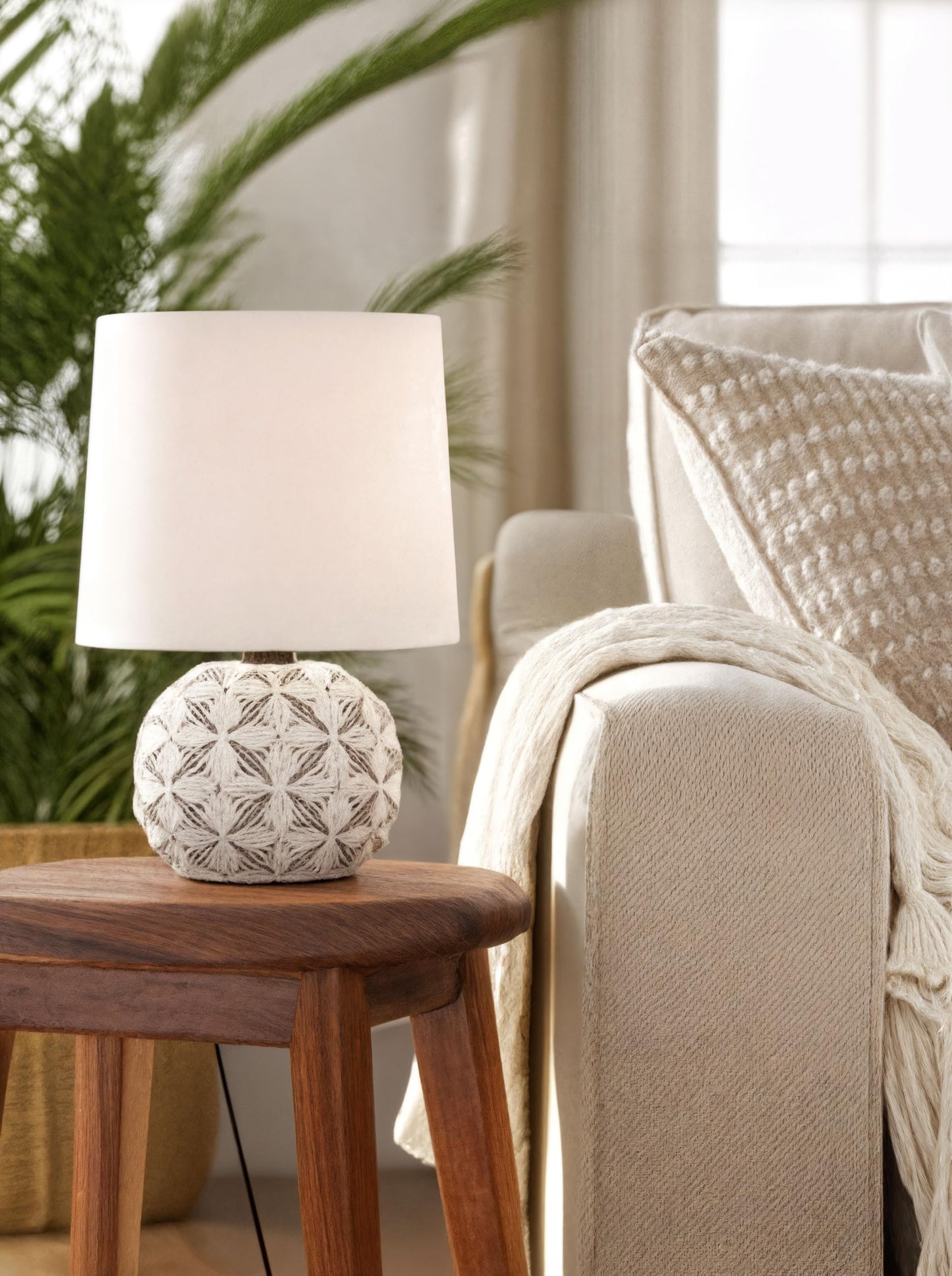 LED Table Lamp with Cotton Shade and Ceramic Base - White - Modern Design