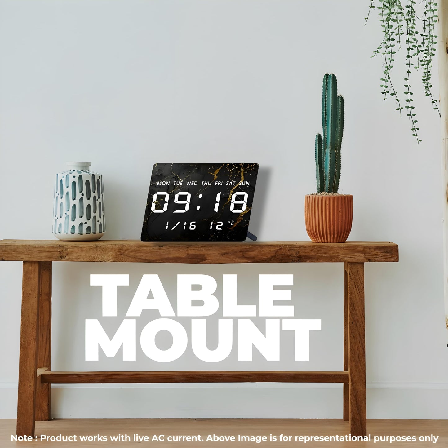 Digital Wall Clock with LED Display, 27x20cm, Black & Gold, USB Powered