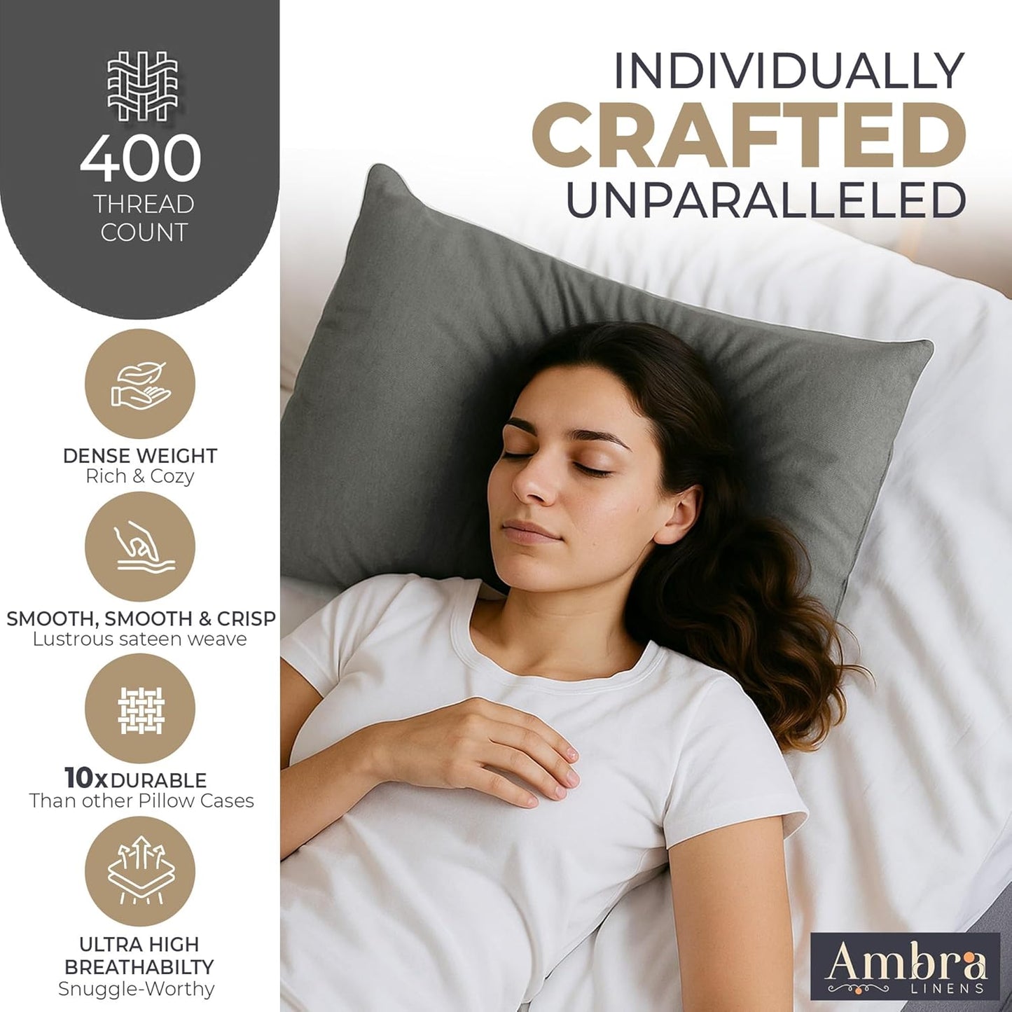 Ambra Linens Ultra Soft Pillow Protectors 400TC Set of 2 Breathable Pillow Covers-Grey