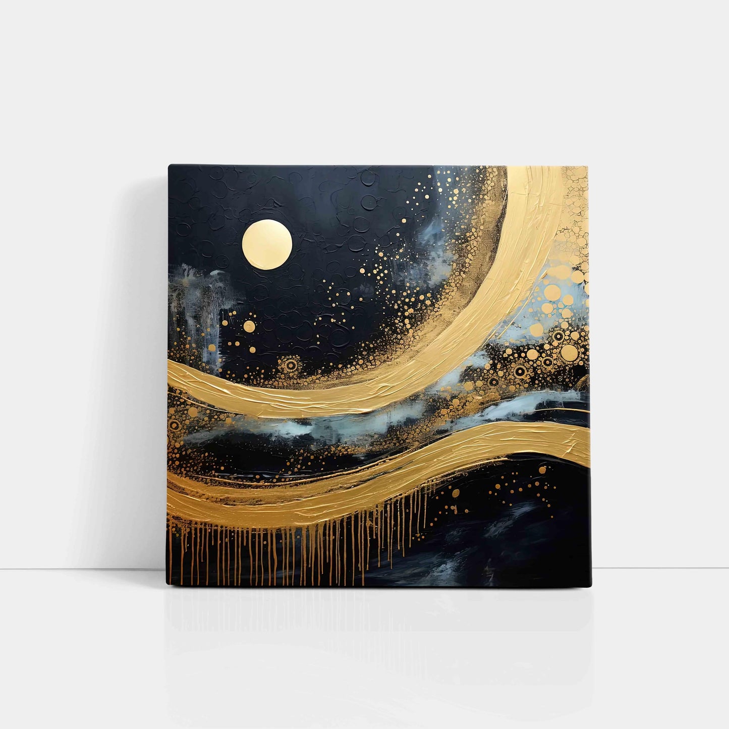 Wall Painting 3D Textured Gold Moon Night Sky Canvas 16 Inch x 16 Inch Navy Blue