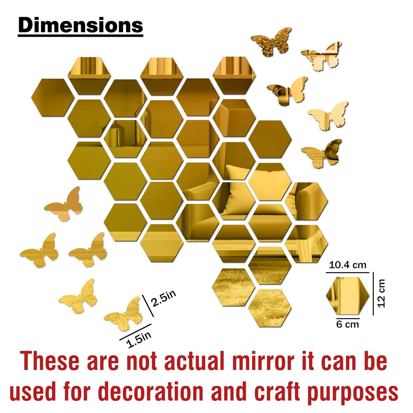 Hexagonal Wall Mirror Set with Butterfly Stickers - Golden Acrylic - 15 cm Diameter - 30 Mirrors & 10 Butterflies