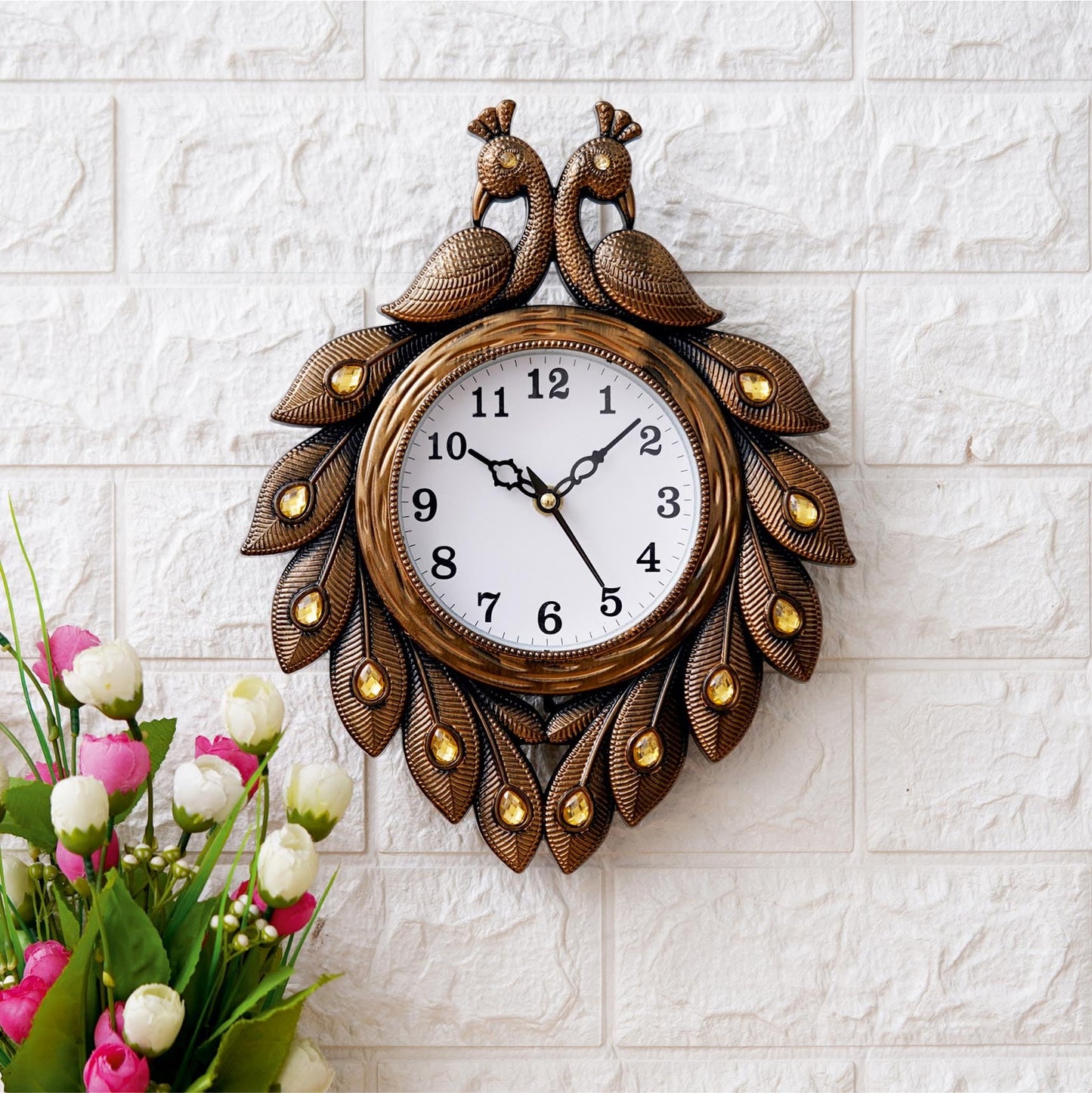 Peacock Wall Clock with Large Numerals - Plastic - White Face - Silent Movement