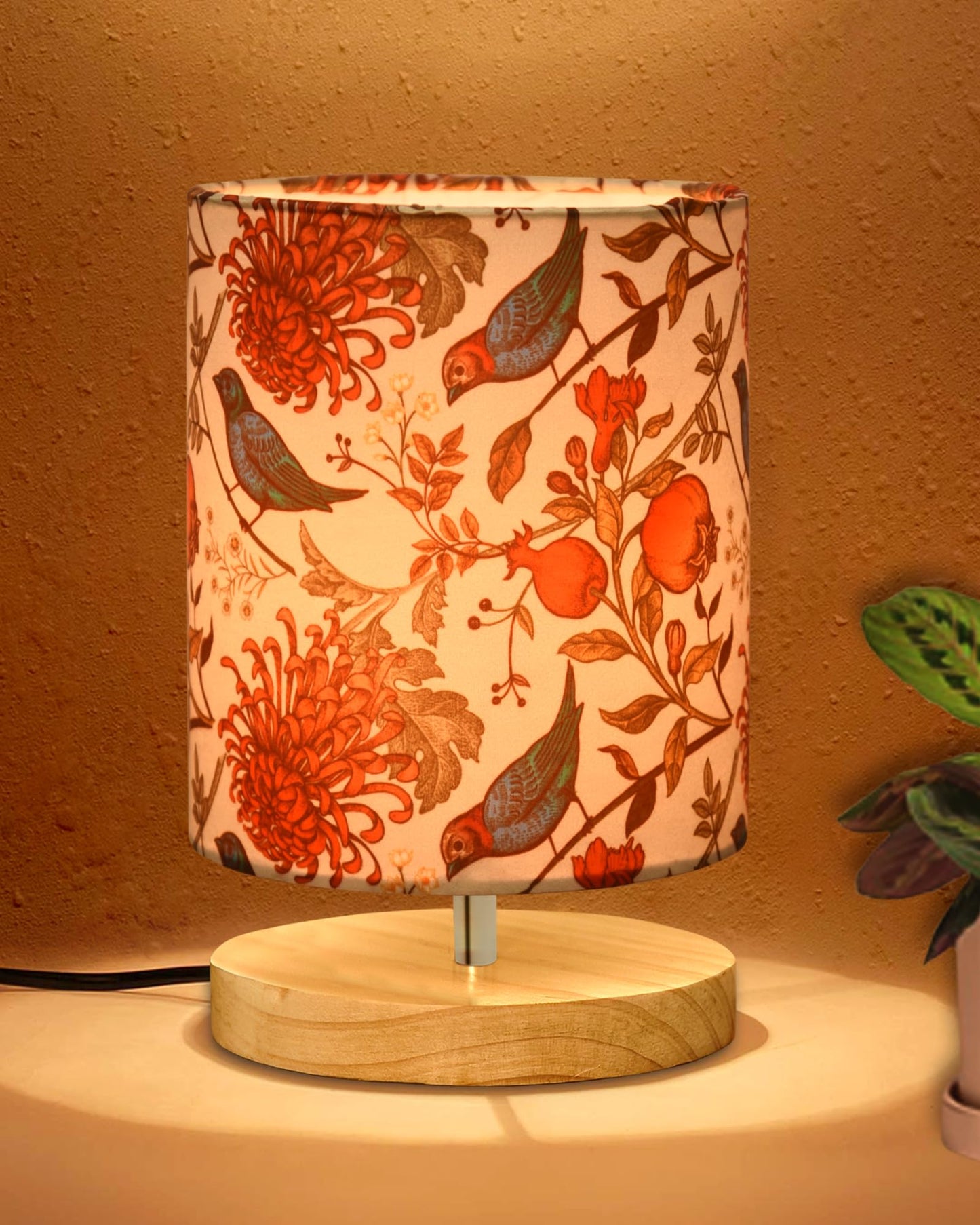 Table Lamp with Floral Fabric Shade - Wooden Base - 24x14x15cm - Multicolor