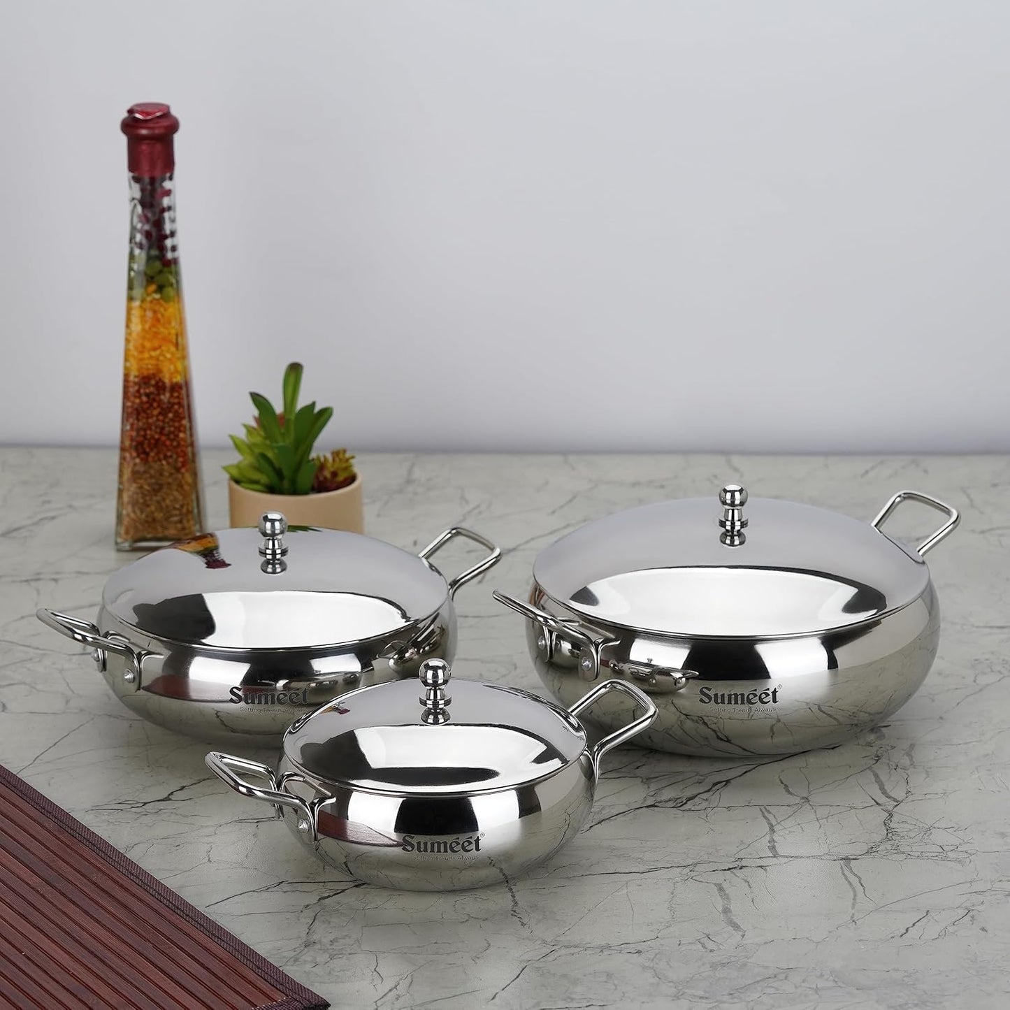 Sumeet Stainless Steel Apple Shape Cook and Serve Handi Set with Lid and Handle|3 Pieces - 650ml, 1150ml & 1700ml