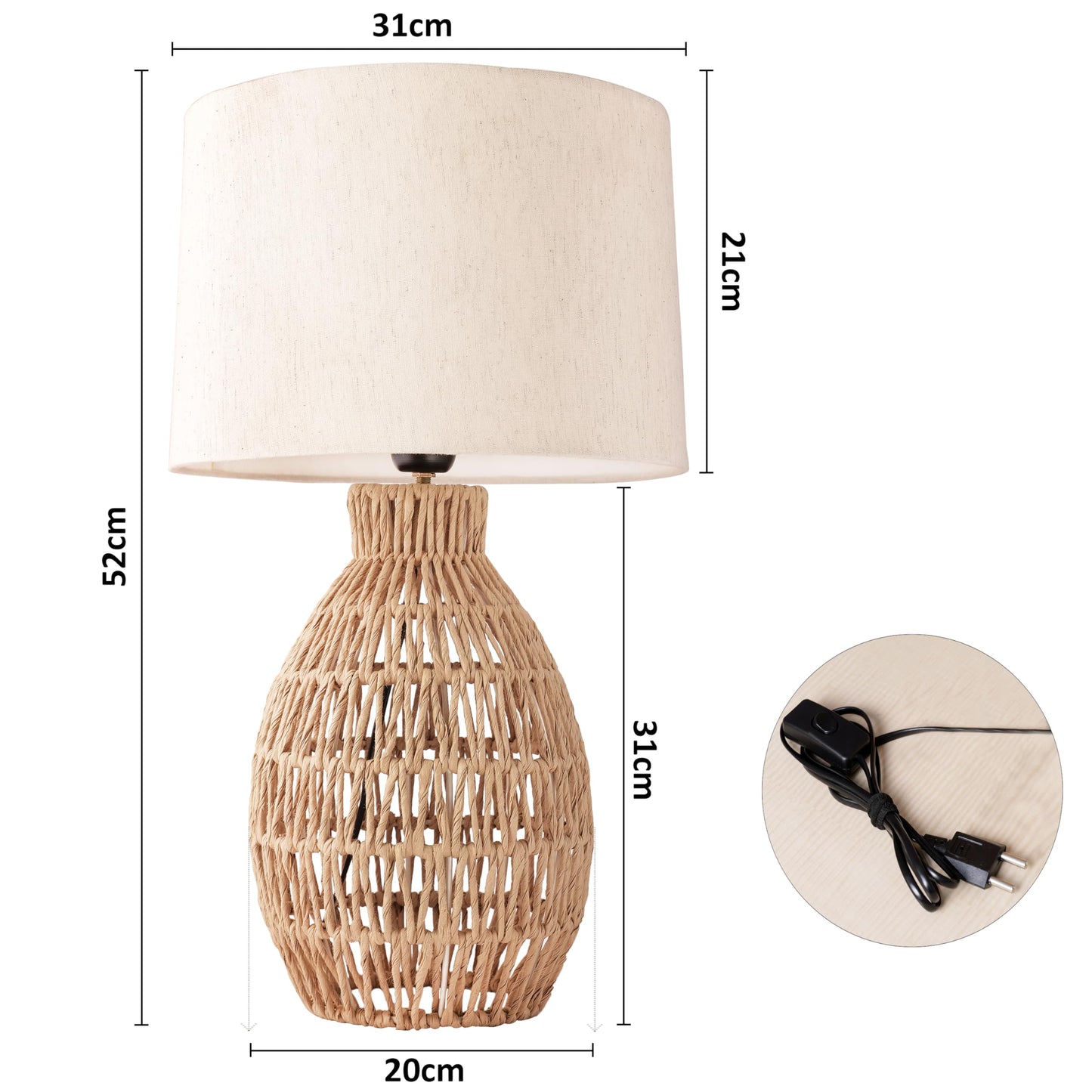 Table Lamp Modern Rustic Blend Paper Rope Base Light Beige Fabric Shade
