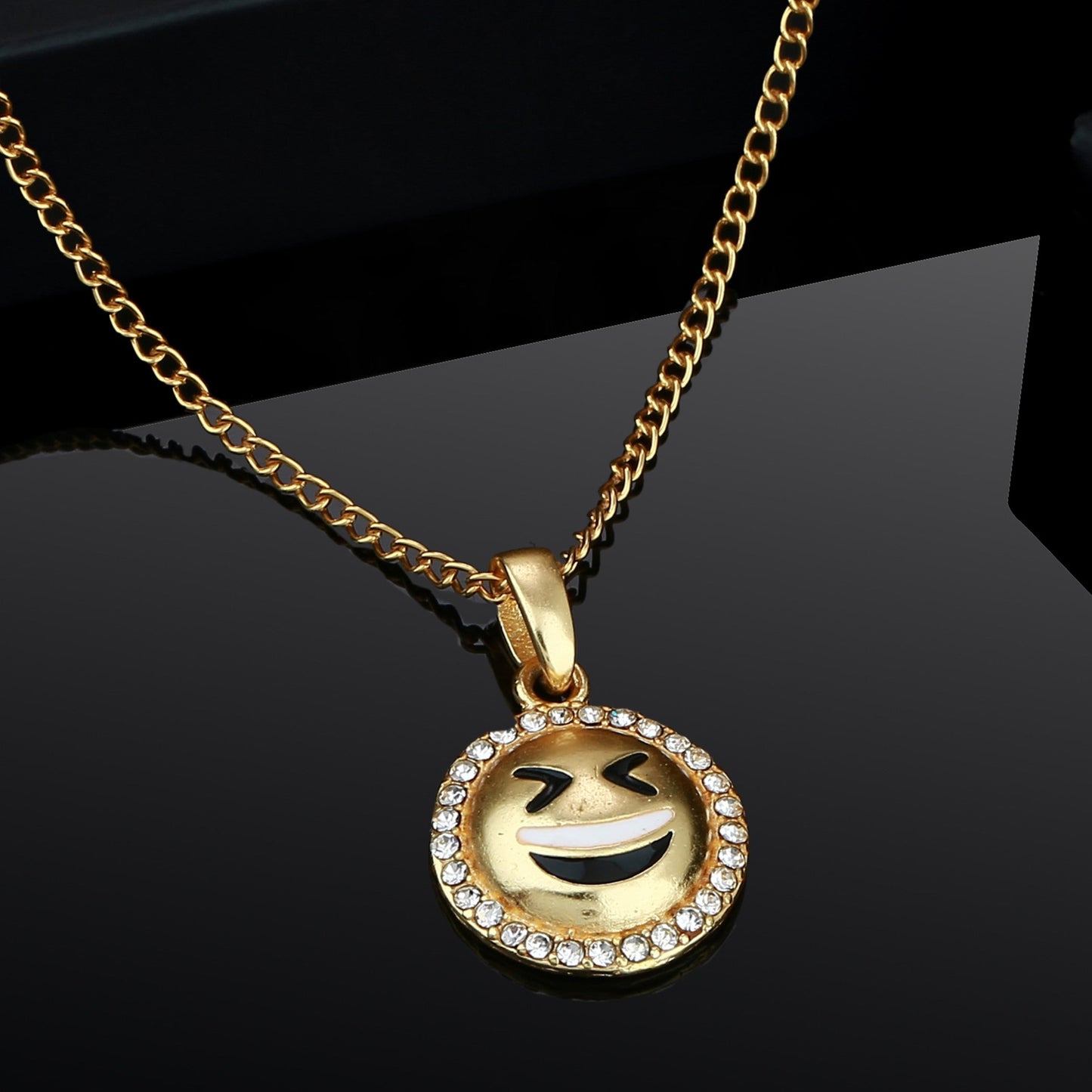 Estele - Gold Plated Grinning Squinting Face Emoji Pendant with Austrian Crystals for Women / Girls