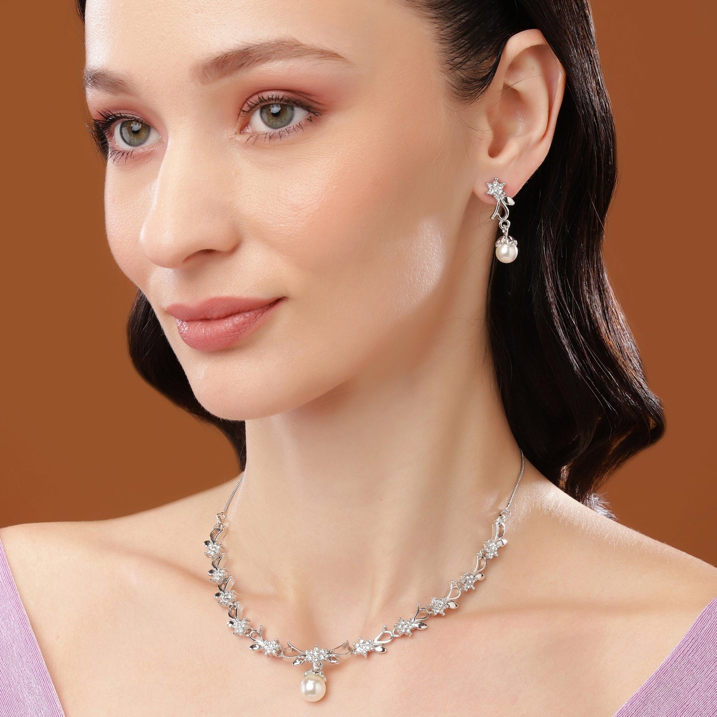 Estele Rhodium Gold Plated Elegant Blossom Designer Necklace Set with White Crystals & Pearl for Women