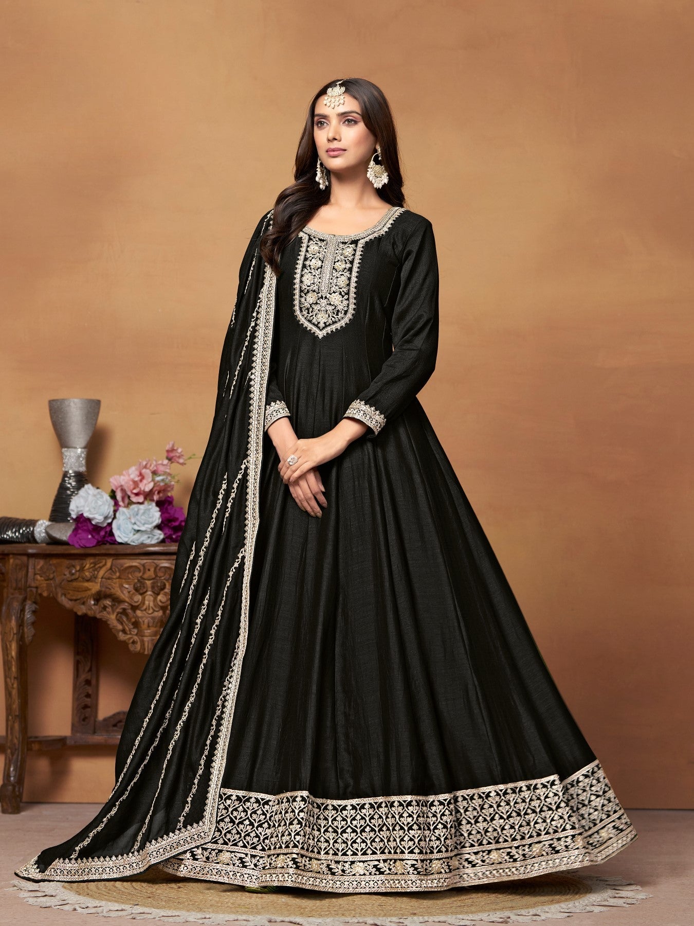 Anaita Black Embroidered Art Silk Anarkali Suit