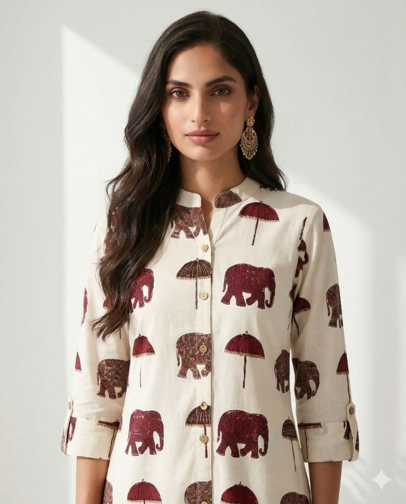 Teeya Creation Women New Trendy Off-White & Maroon Red Elephant Print Cotton Kurta with Palazzos