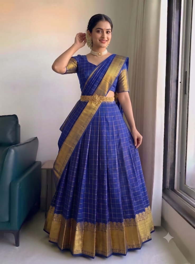Teeya Creation Vibrant Royal Blue Checkered Silk Lehenga Choli with Antique Gold Border