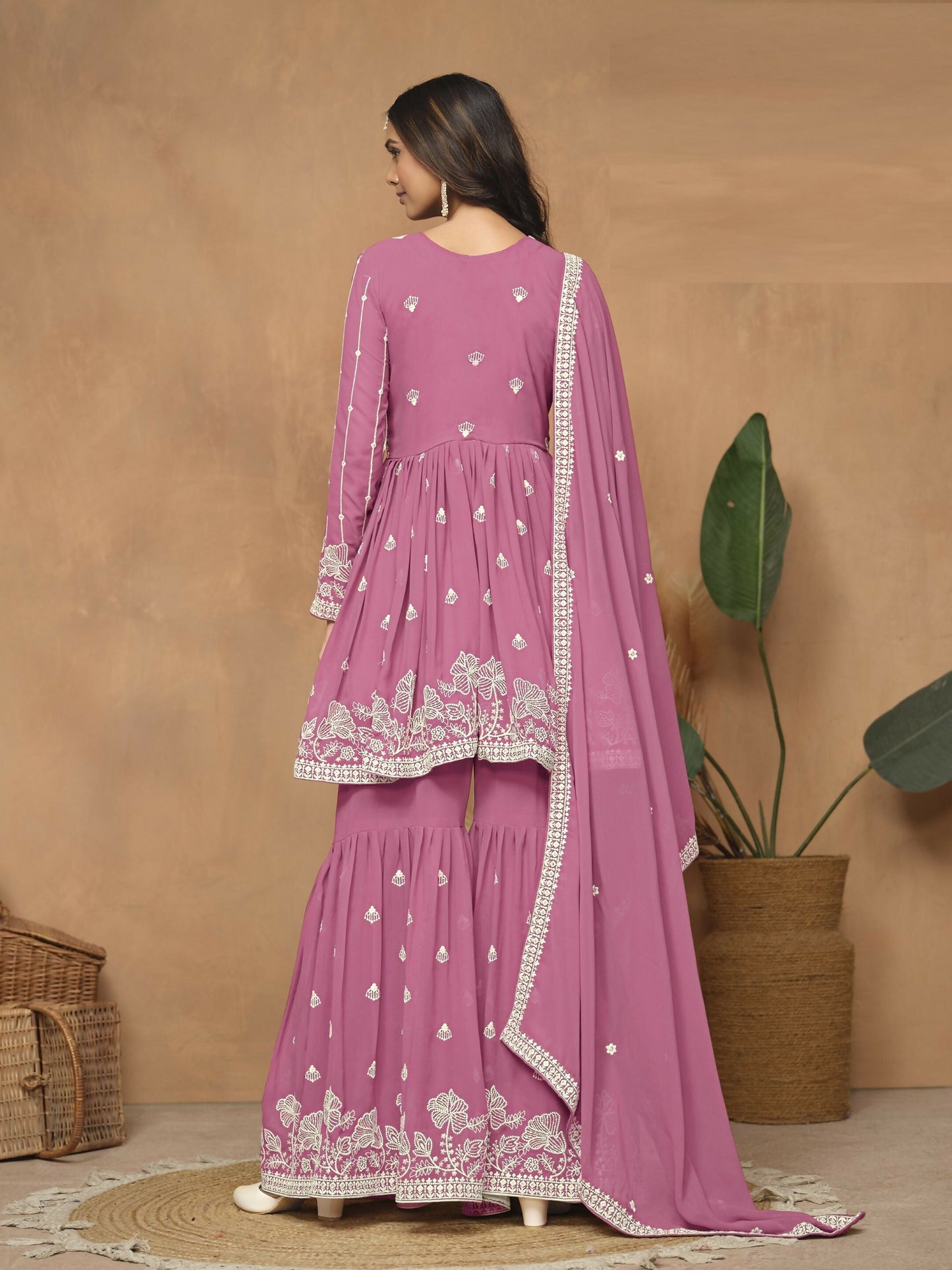 Anaita Pink Embroidered Faux Georgette Sharara Suit