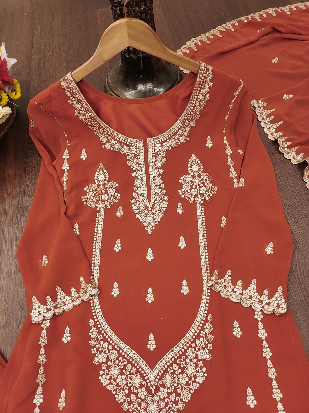 The52 Women's Gorgeous Embroidery Work Fox Georgette Fabric Straight Kurta Sharara and Dupatta Set-Orange