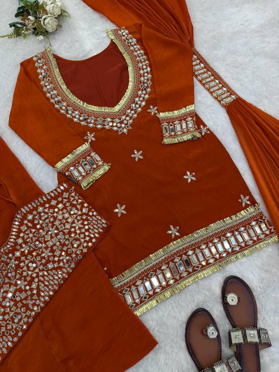 Teeya Creation New Trendy Stylish Real Mirror Work With Lace Border Orange Kurta Set