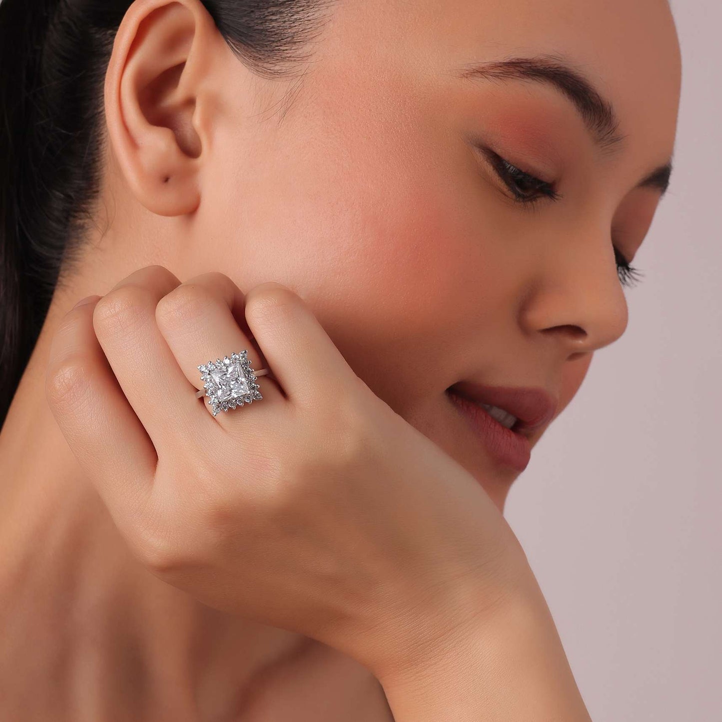 92.5 Sterling Silver Geometric Statement Ring With Zirconia