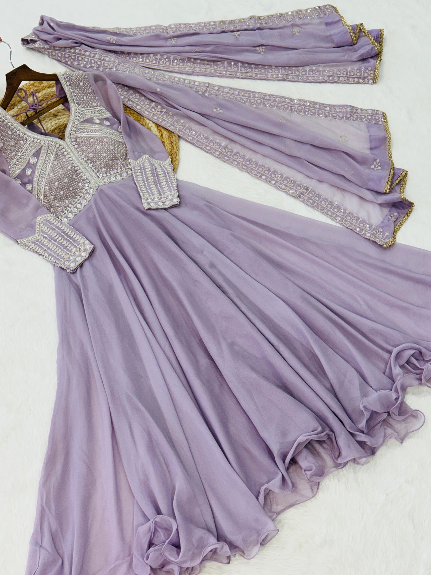 Lorenvalley Fashion Lavender Star Georgette With Rich Sequins Coding & Beads Embroidered work Gown with Dupatta