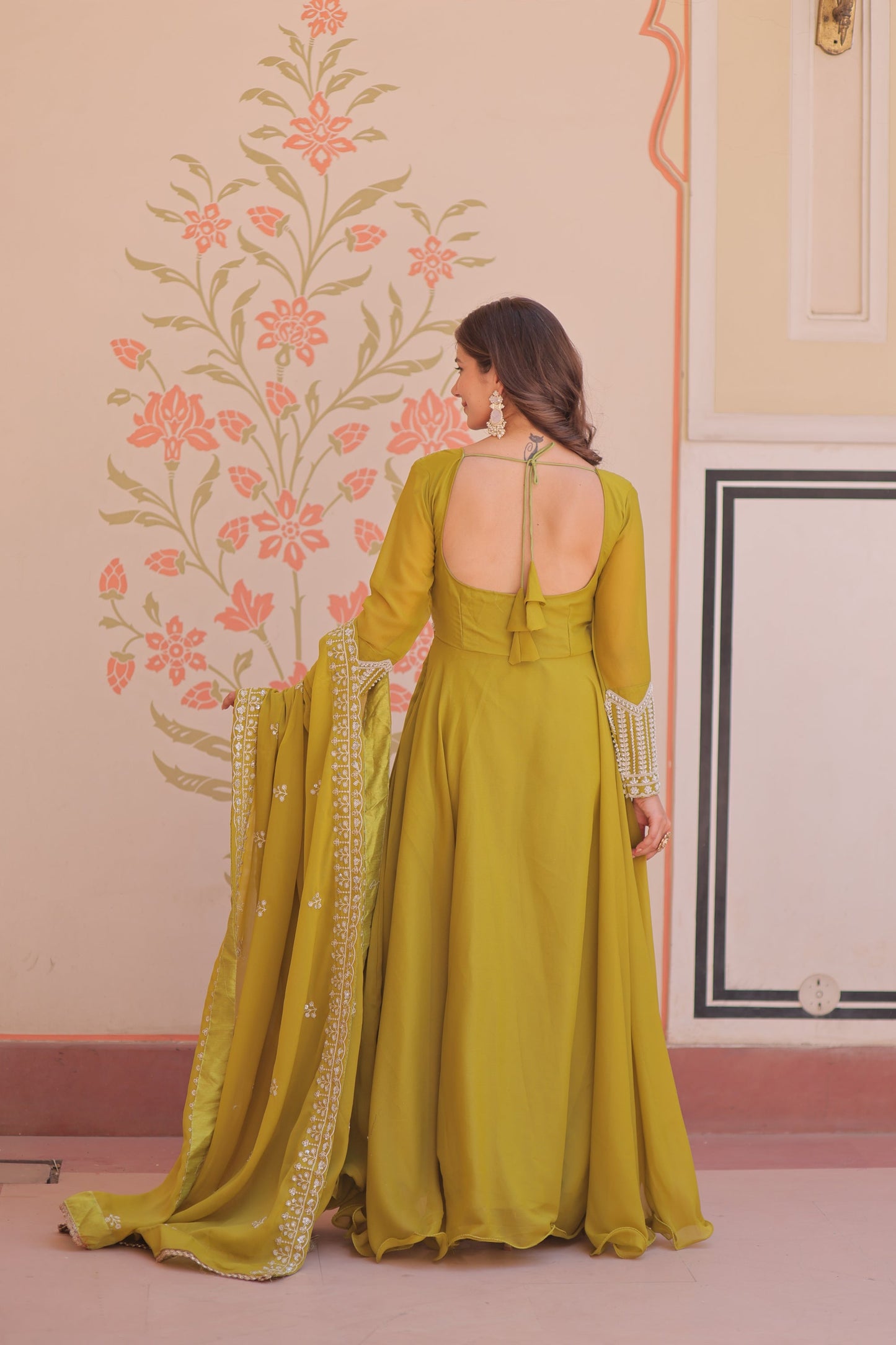 Lorenvalley Fashion Mehendi Star Georgette With Rich Sequins Coding & Beads Embroidered work Gown with Dupatta