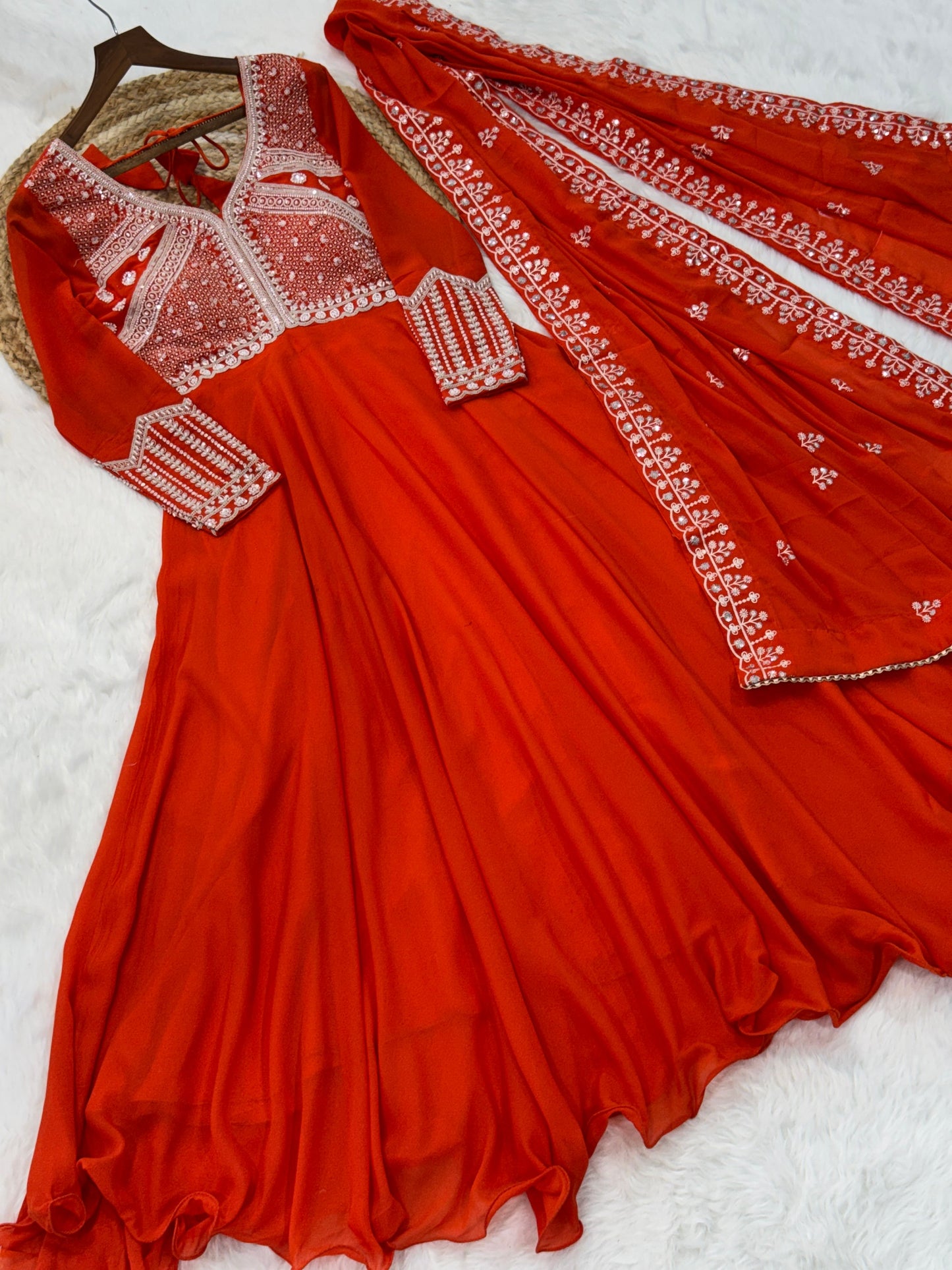 Lorenvalley Fashion Orange Star Georgette With Rich Sequins Coding & Beads Embroidered work Gown with Dupatta