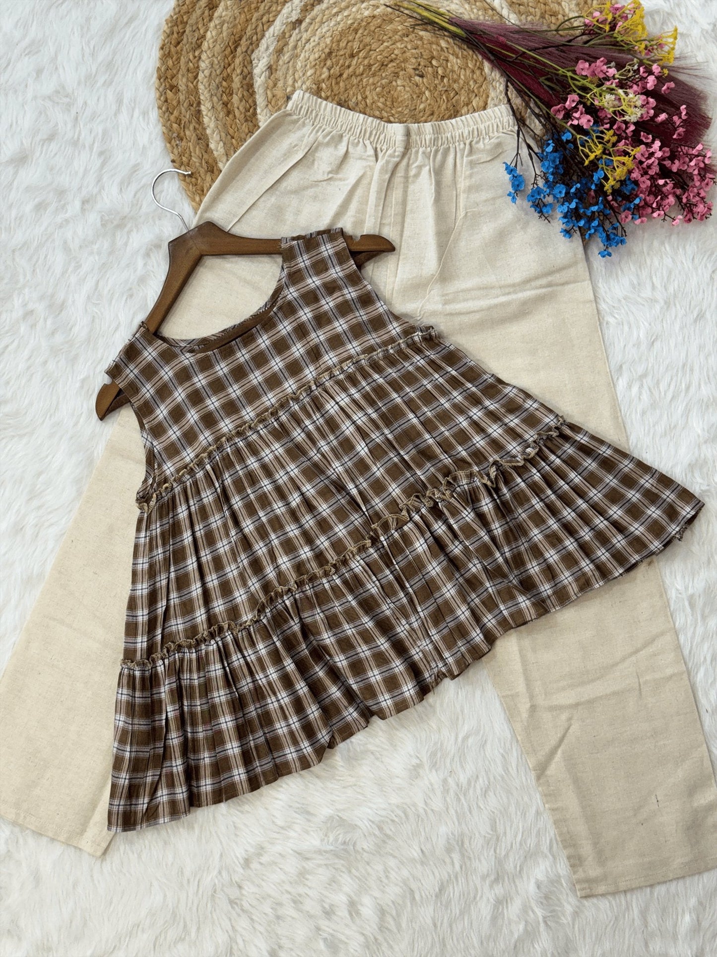 Lorenvalley Fashion Coffee Checks Linen Cotton Top Bottom Set