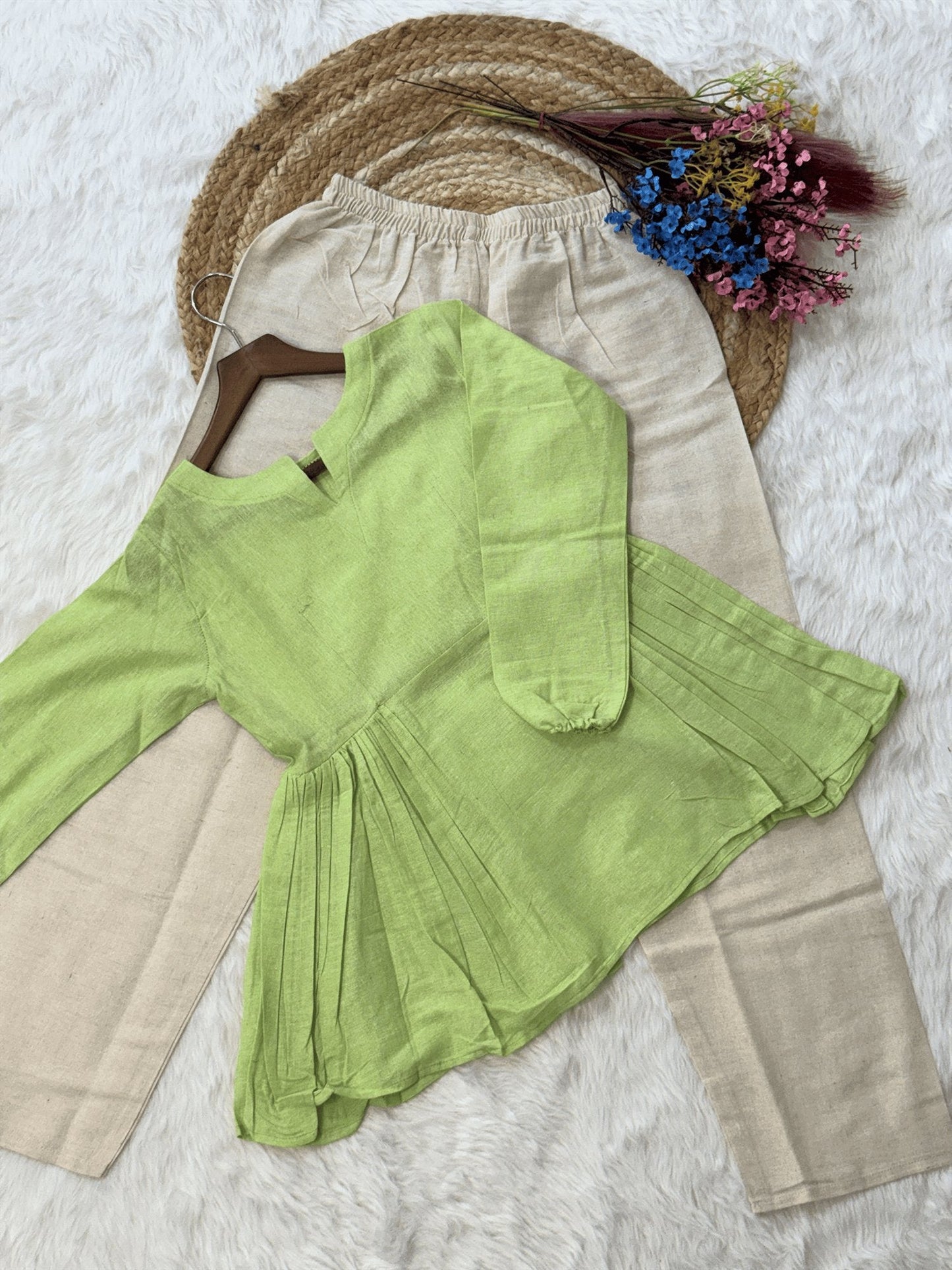 Lorenvalley Fashion Parrotgreen Linen Cotton Top Bottom Set