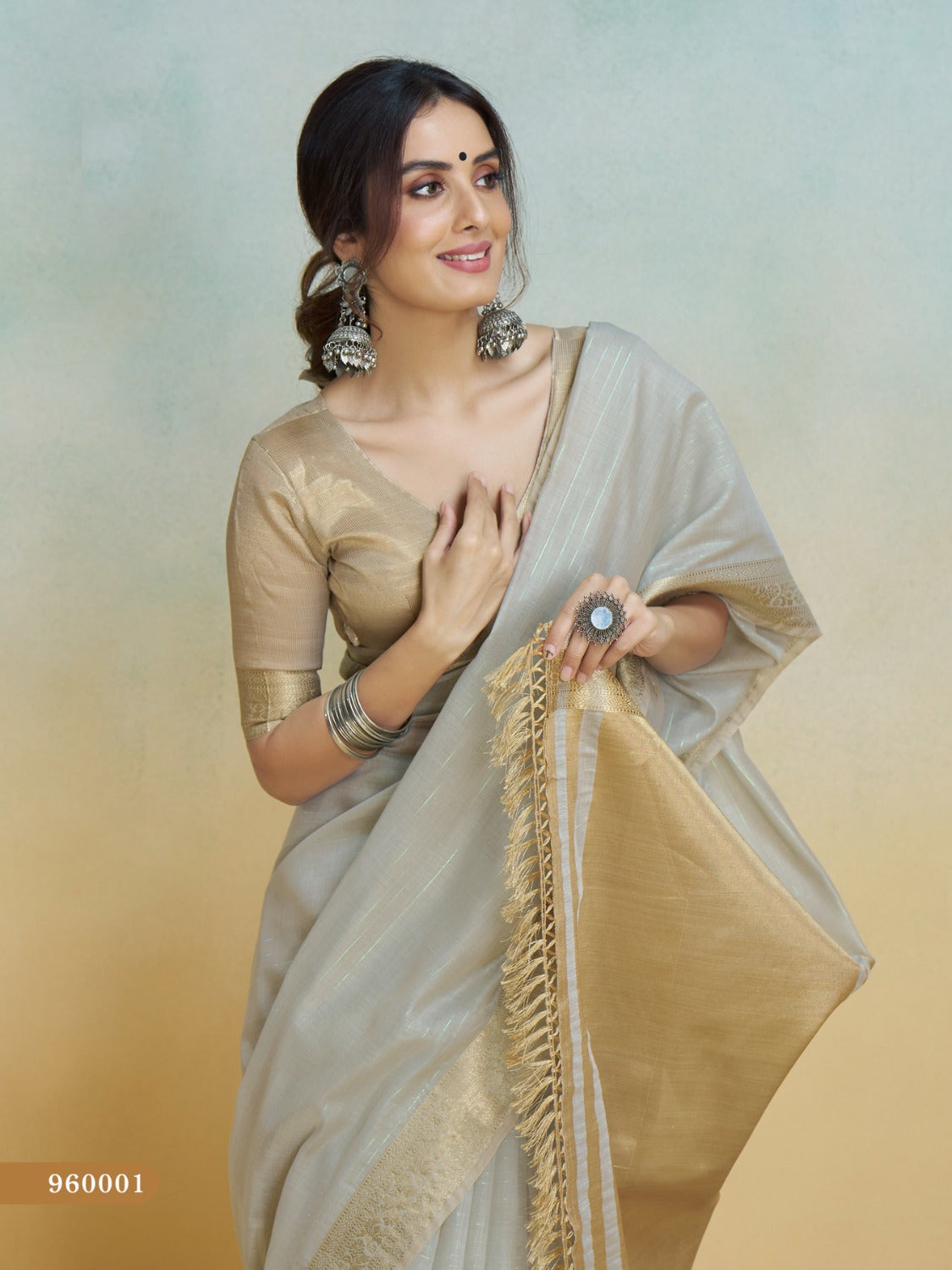 Anaita Grey Handloom Khadi Silk Zari Woven Work Saree With Blouse Piece