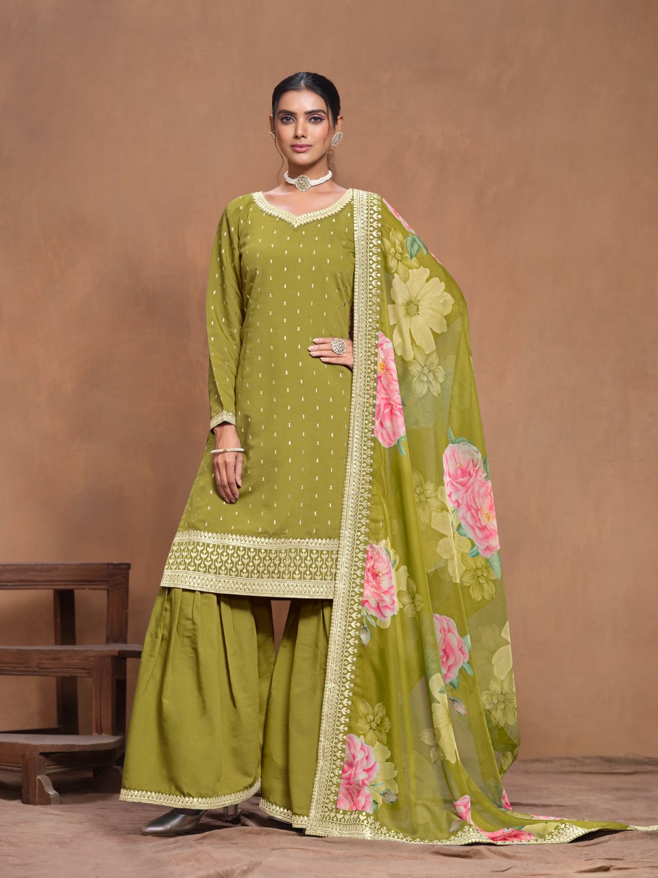 Anaita Green Embroidered Roman Silk Sharara Suit