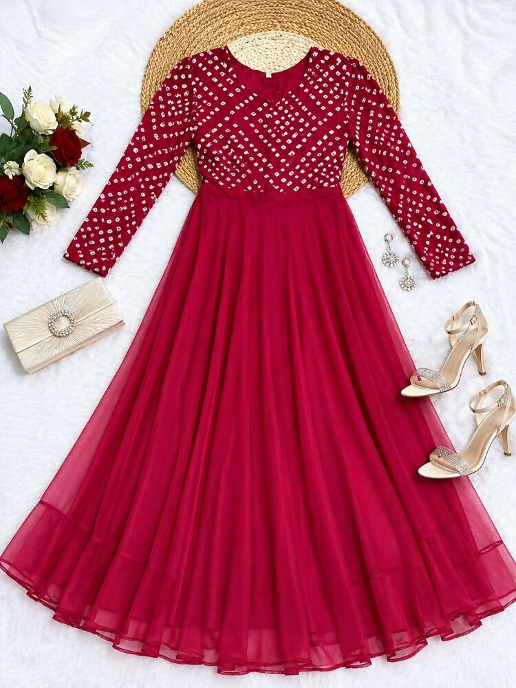 Teeya Creation Women's Pink Bandhani Print Anarkali Gown