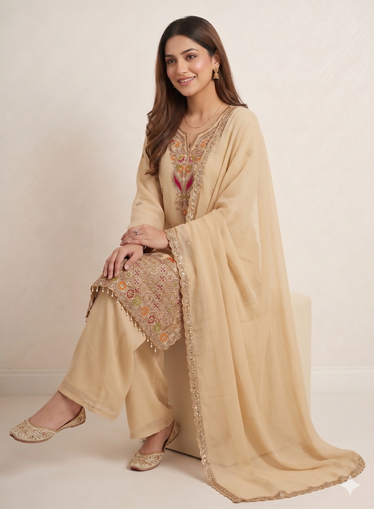 Teeya Creation Designer Beige Festive Palazzo Suit Set with Heavy Embroidery