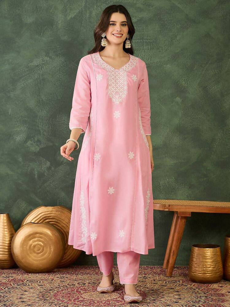 The52 Women's Beautiful Thread Work Cotton satin Fabric Flared Kurta Pant and Dupatta Set