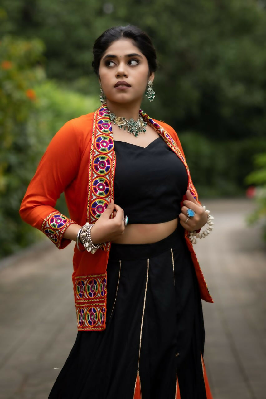 Yash Enterprise Orange Colored Rayon Cotton Embroidery Semi Stitched Navratri Top Chaniya Choli