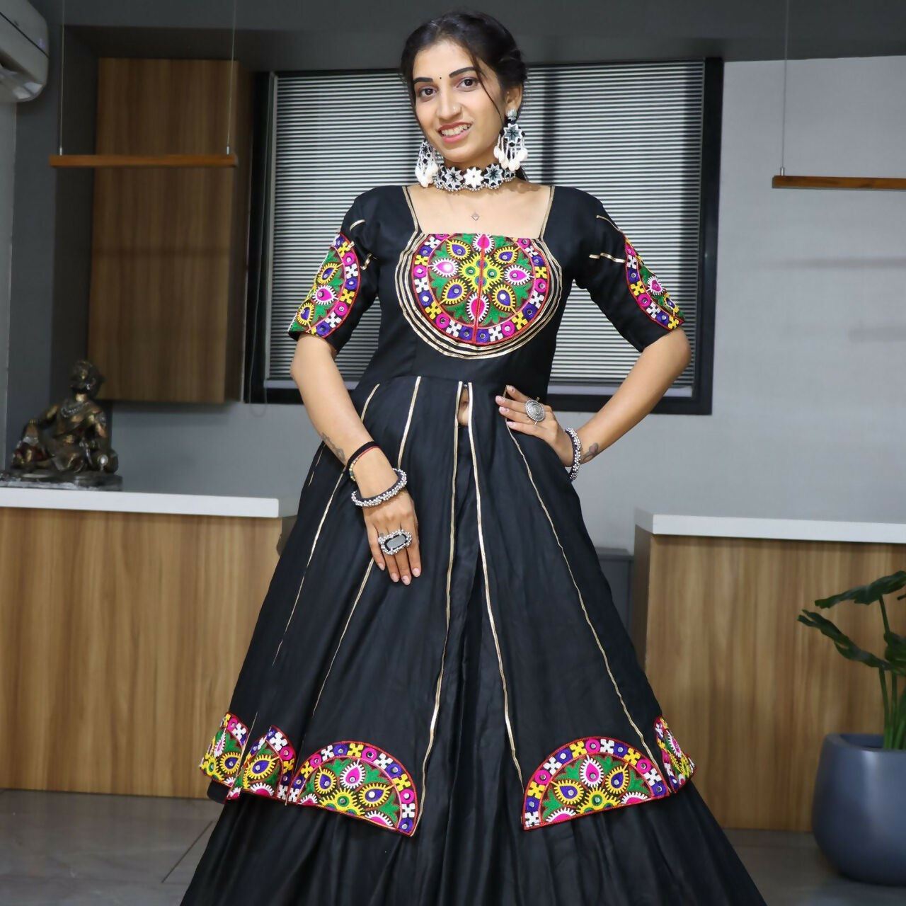 Yash Enterprise Black Rayon Cotton Embroidery Semi Stitched Navratri Top Chaniya Choli