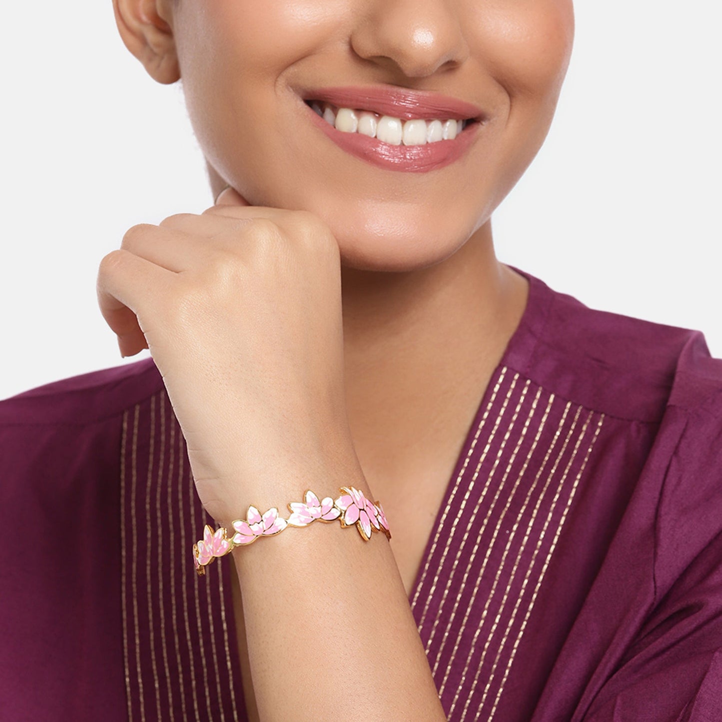 Estele Gold Plated Appealing Lotus Designer Cuff Bracelet with Pink Enamel for Girl's & Women