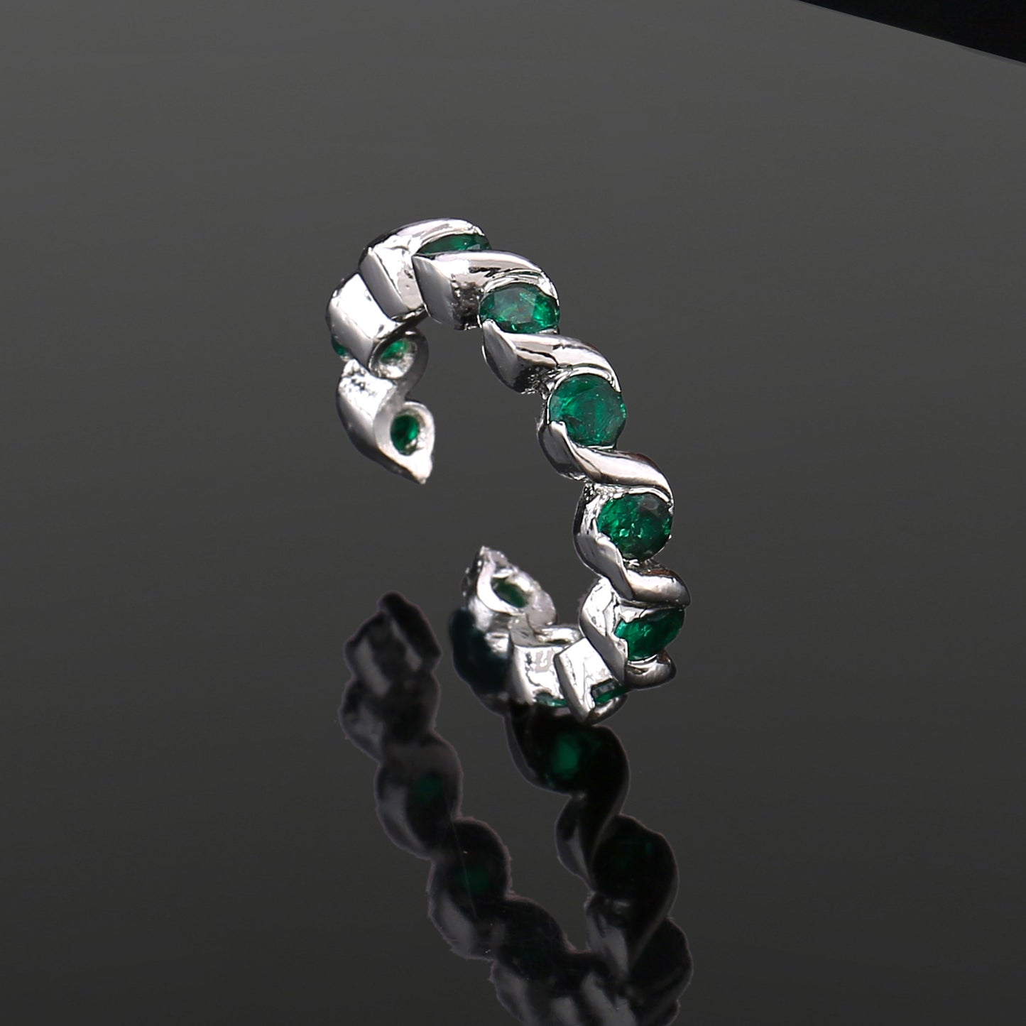 Estele Rhodium Plated CZ Dazzling Finger Ring with Green Crystals for Women (Adjustable)