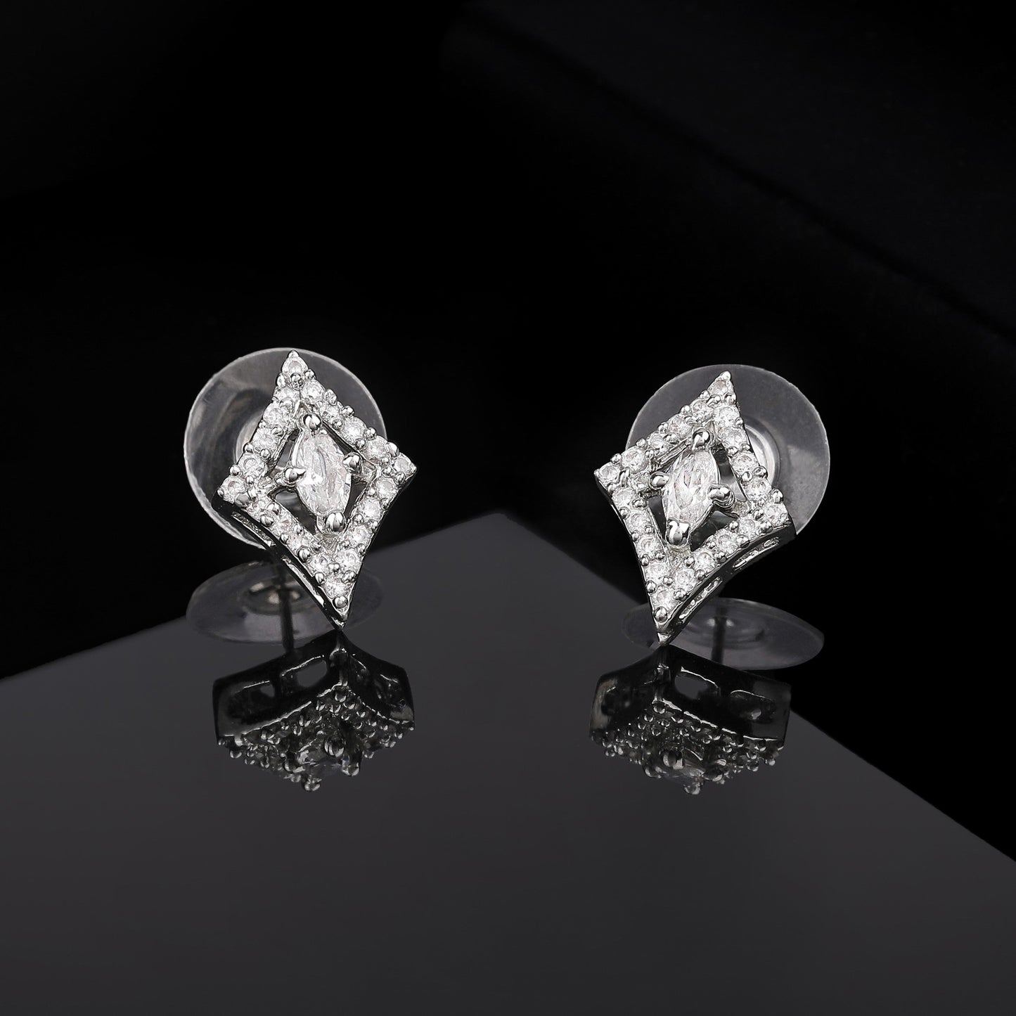 Estele Rhodium Plated CZ Rhombus Shaped Stud Earrings for Women