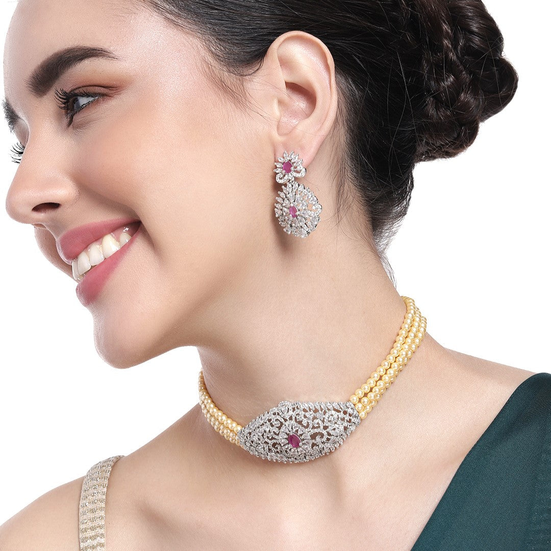 Estele Rhodium Plated CZ Enchanted Pearl Choker Necklace Set for Women