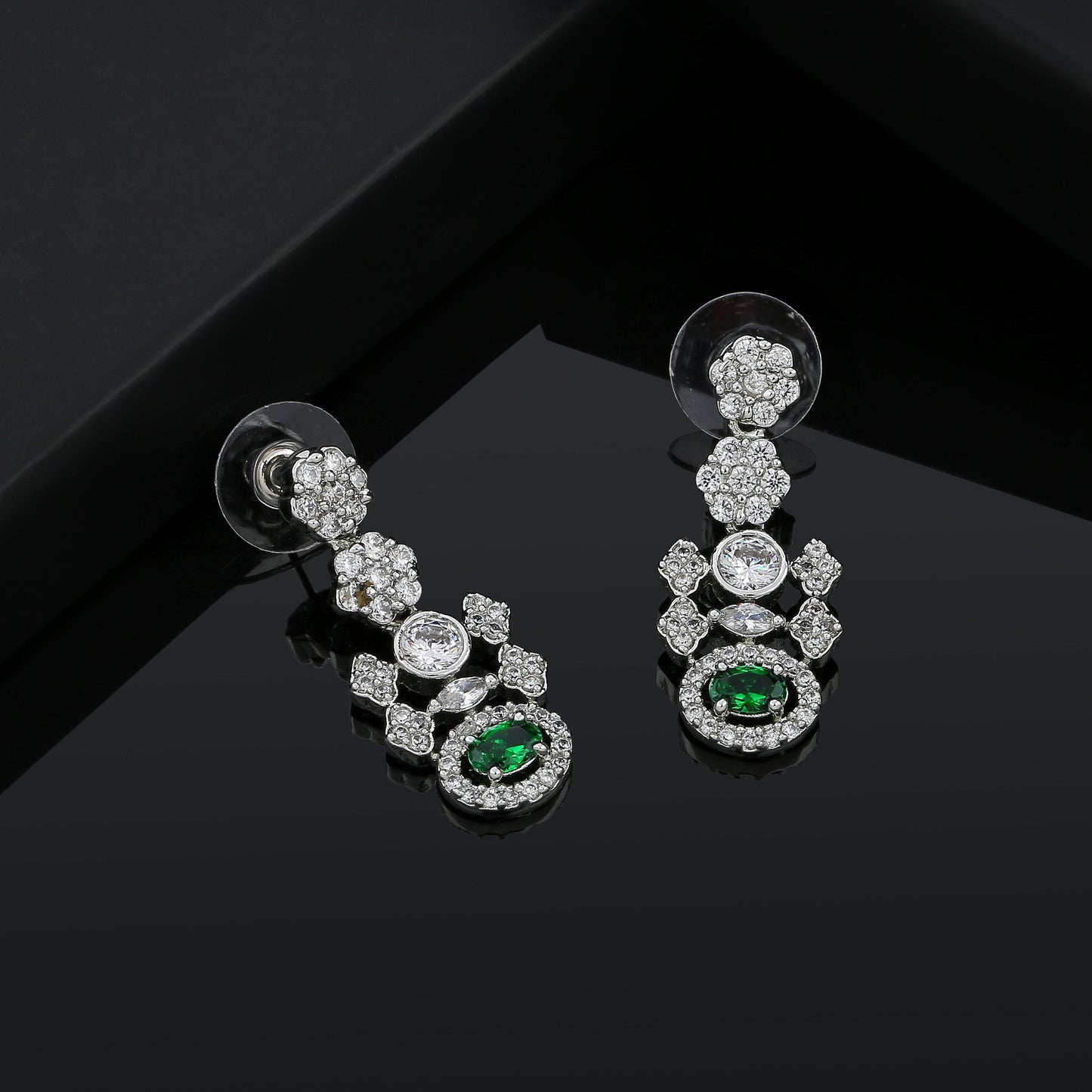 Estele Rhodium Plated CZ Glamour In Green Earrings for Women