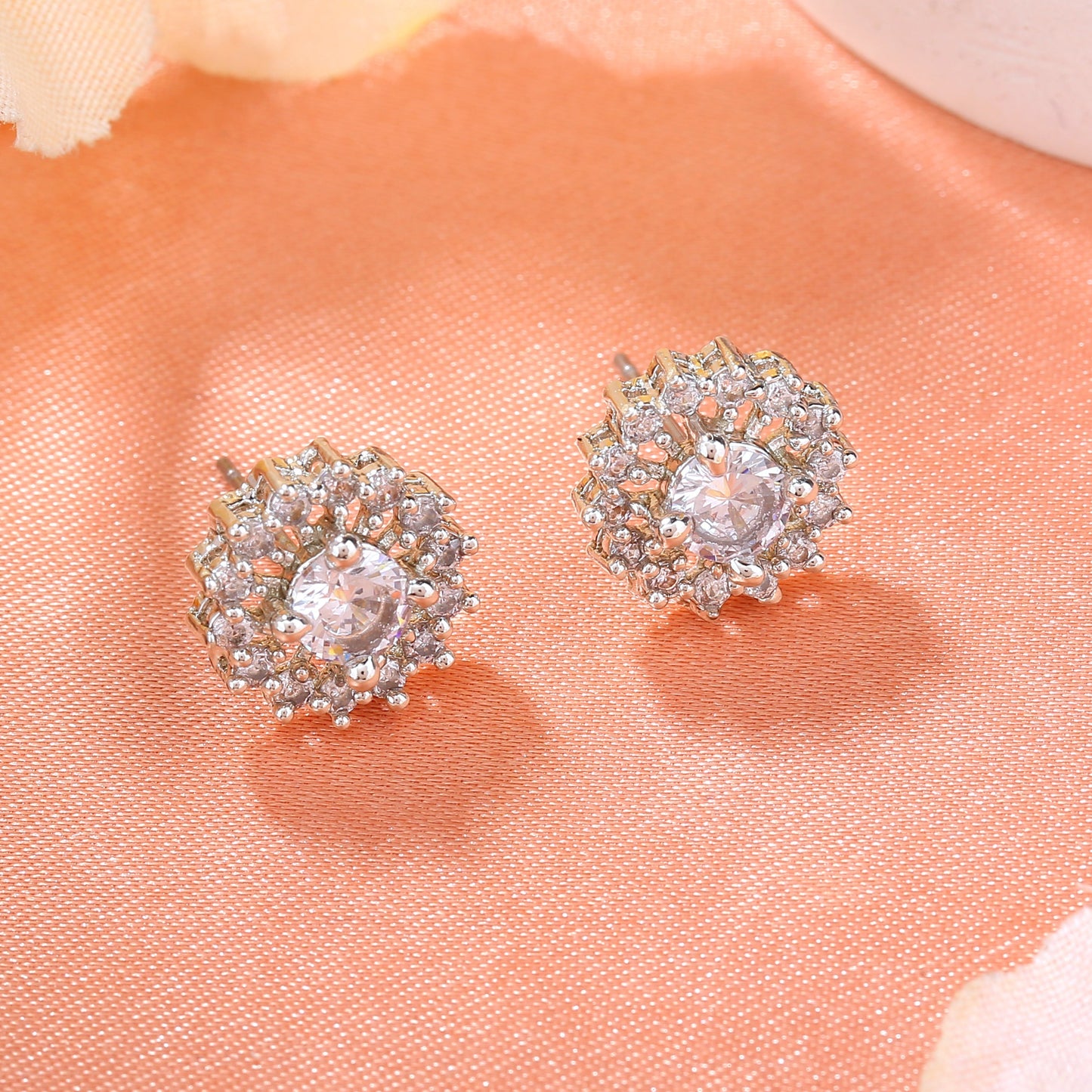 Estele Rhodium Plated CZ Flower Designer Stud Earrings for Women