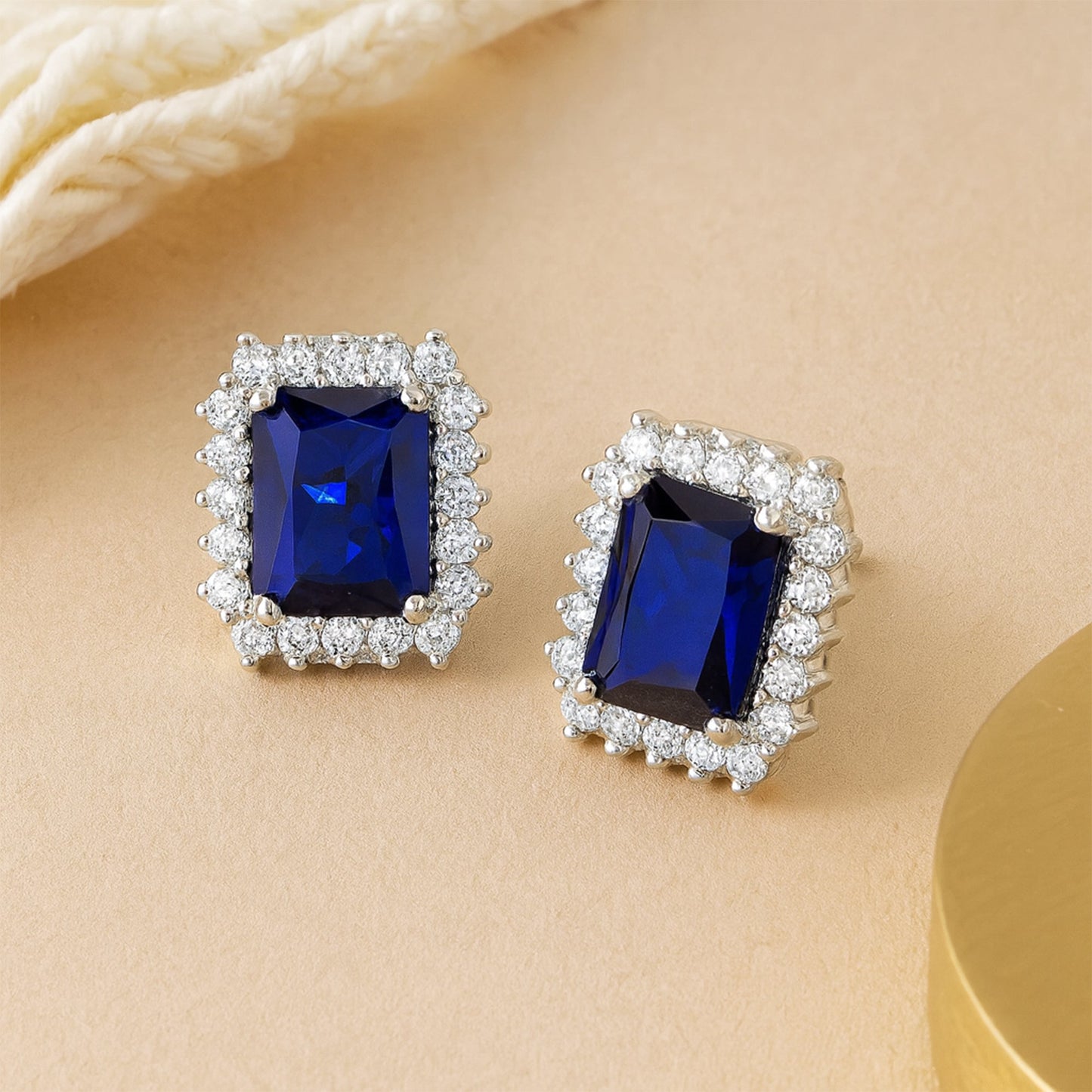 Blue CZ Square Stud Earrings